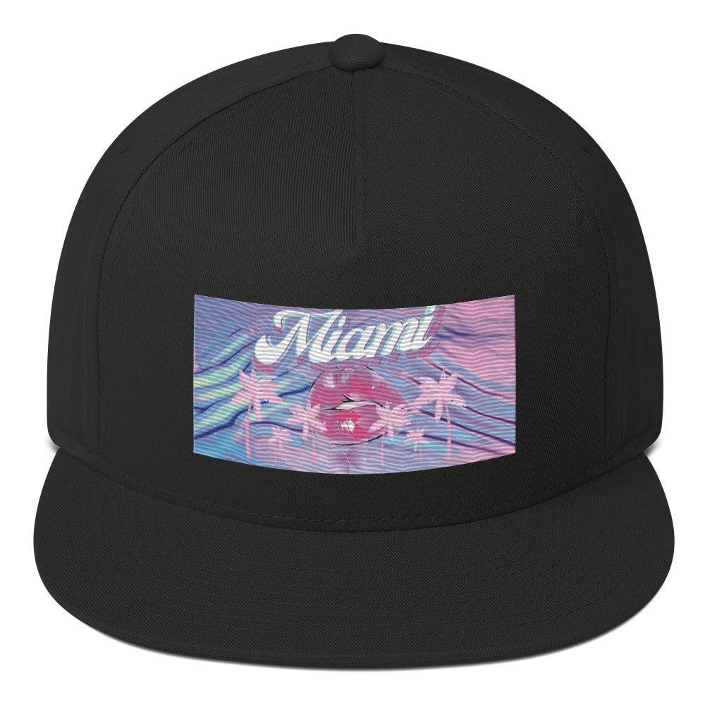 Rich Vibes Miami Pink Palm Tree Diva Kiss Print - Flat Bill Cap Black