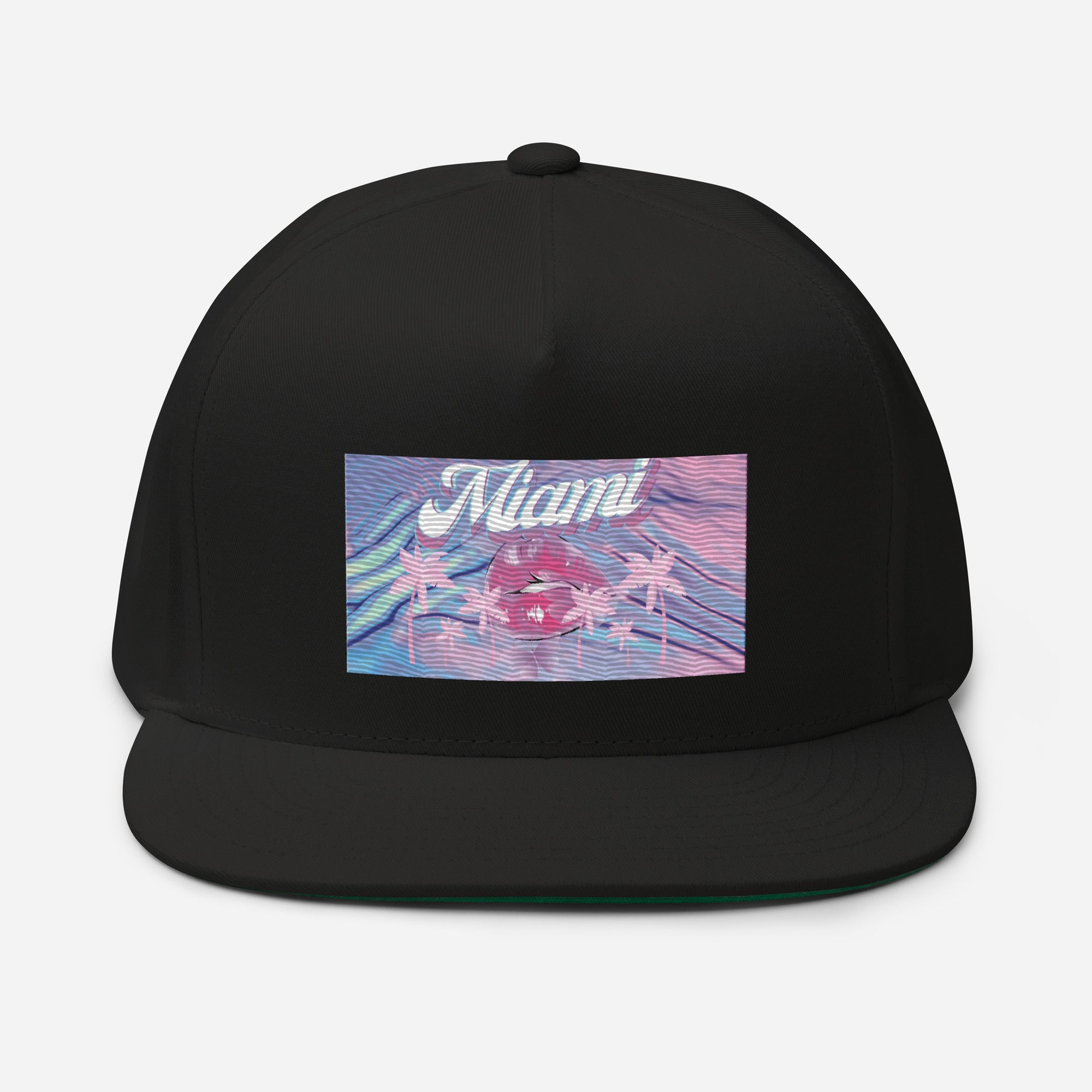 Rich Vibes Miami Pink Palm Tree Diva Kiss Print - Flat Bill Cap Black