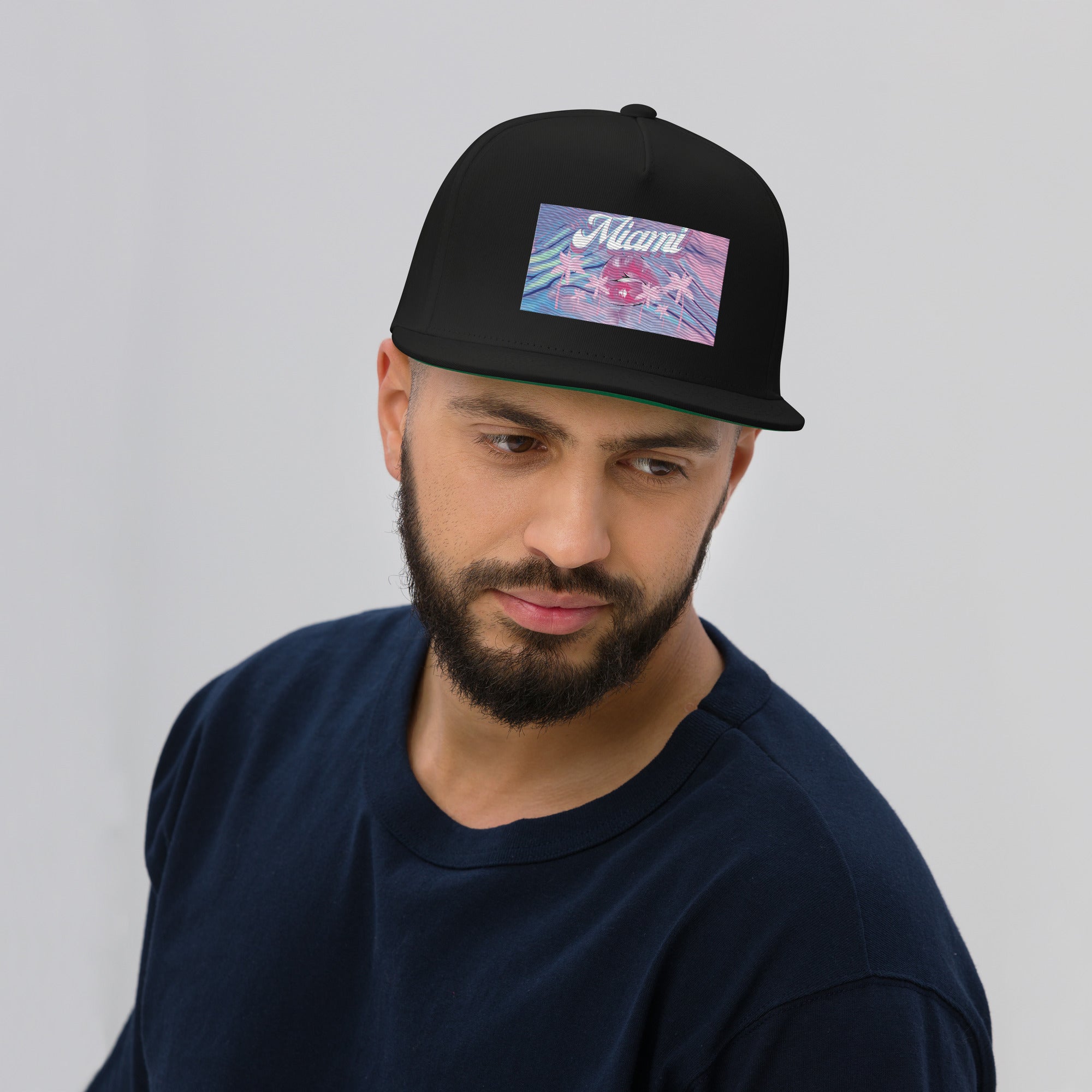 Rich Vibes Miami Pink Palm Tree Diva Kiss Print - Flat Bill Cap Black