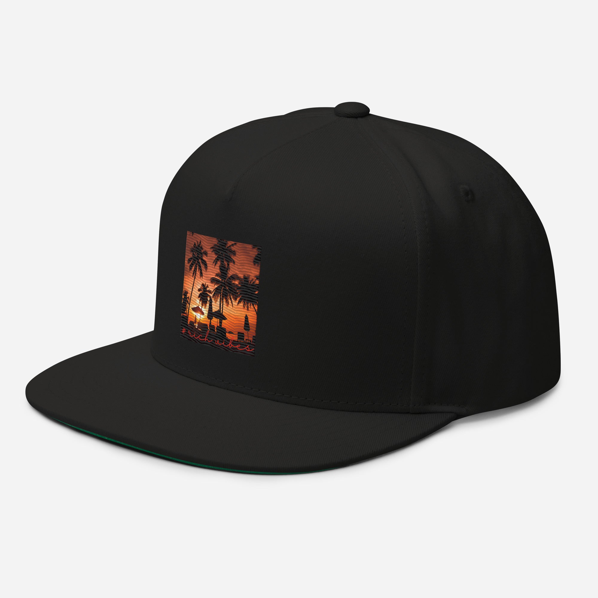 Rich Vibes Red Sunset Palm Tree Silhouette - Flat Bill Cap Black