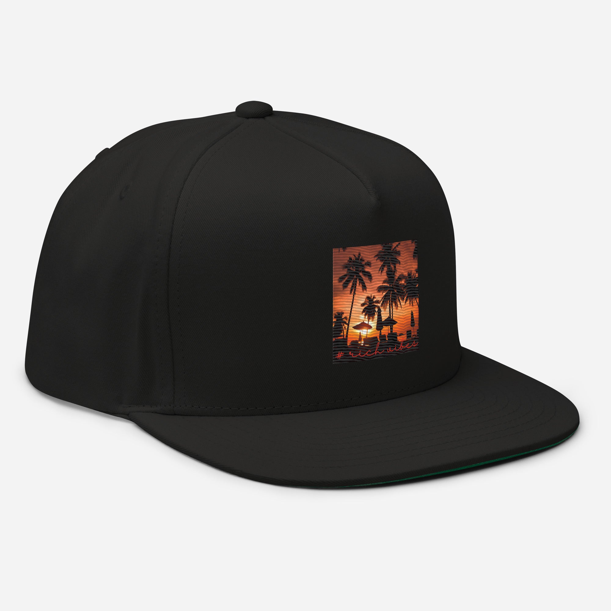 Rich Vibes Red Sunset Palm Tree Silhouette - Flat Bill Cap Black