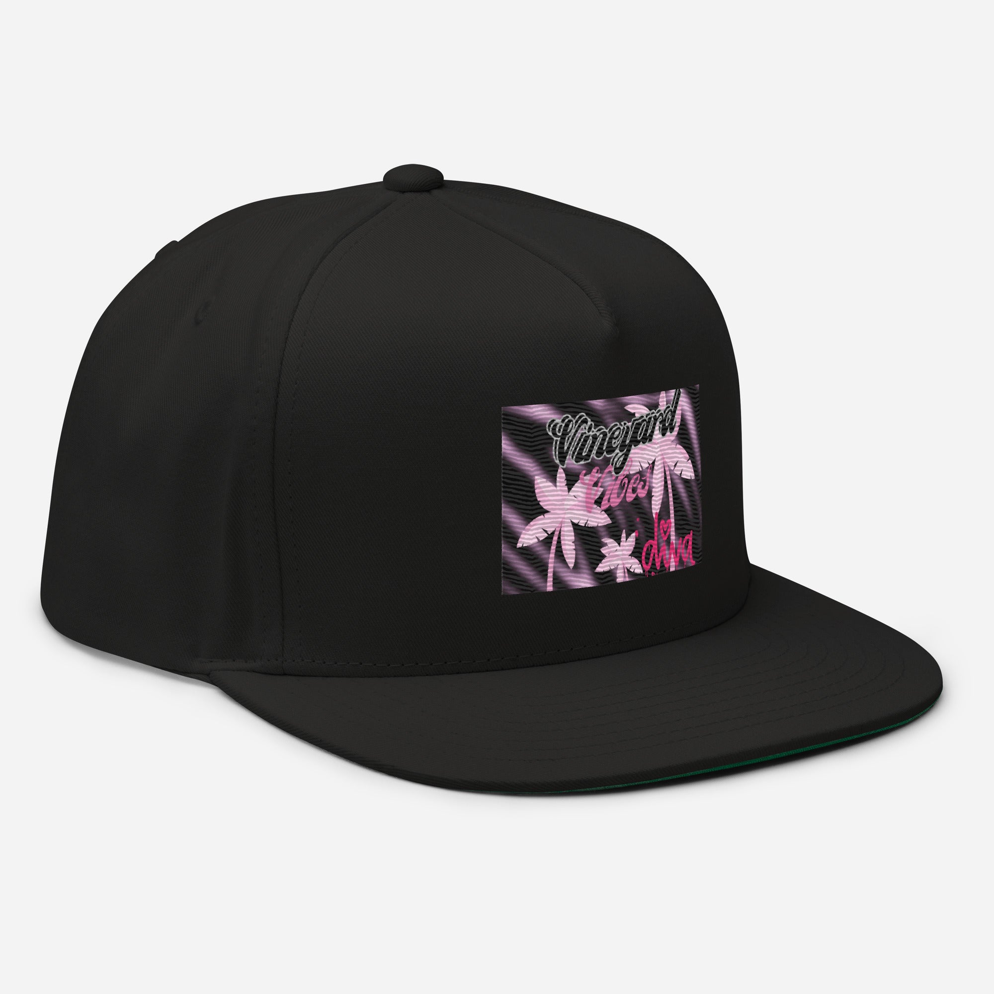Vineyard Vibes Tropical Pink Palm Tree Diva - Flat Bill Cap Black