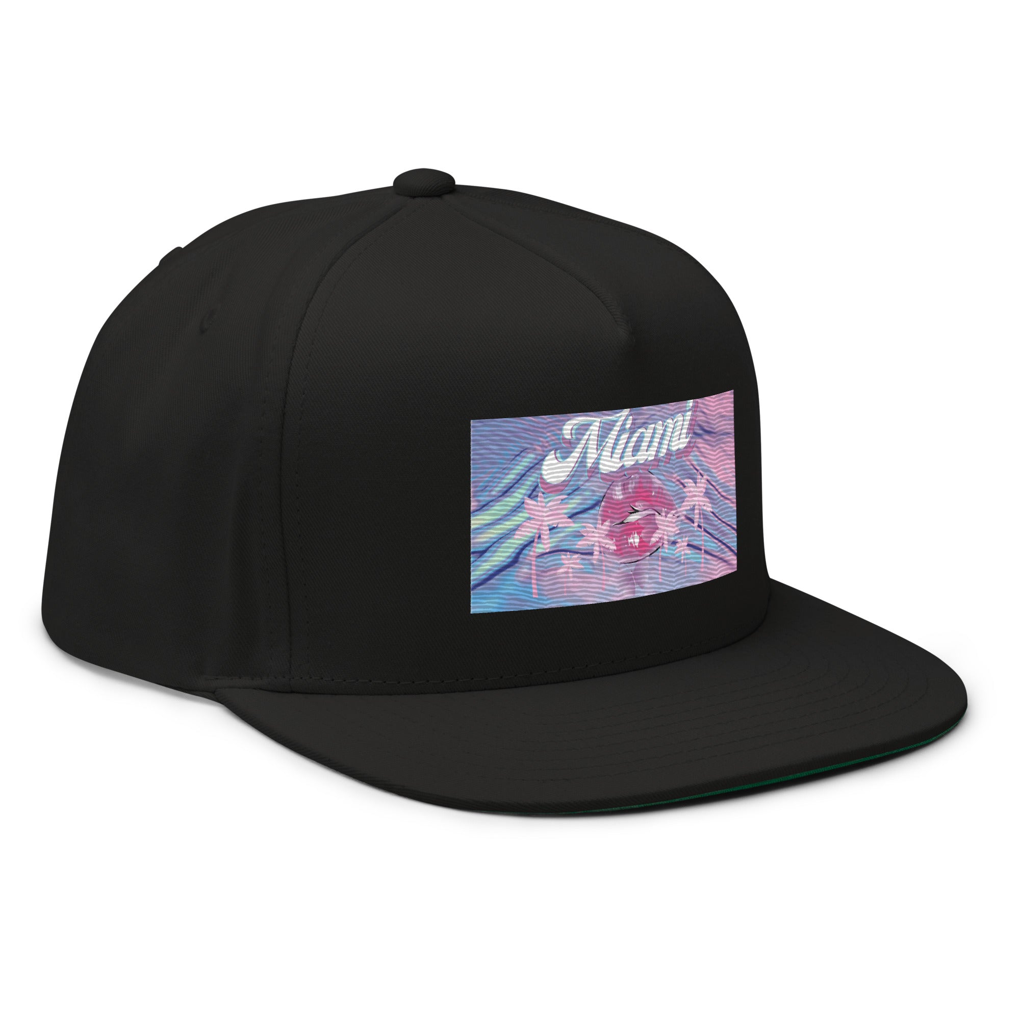 Rich Vibes Miami Pink Palm Tree Diva Kiss Print - Flat Bill Cap Black