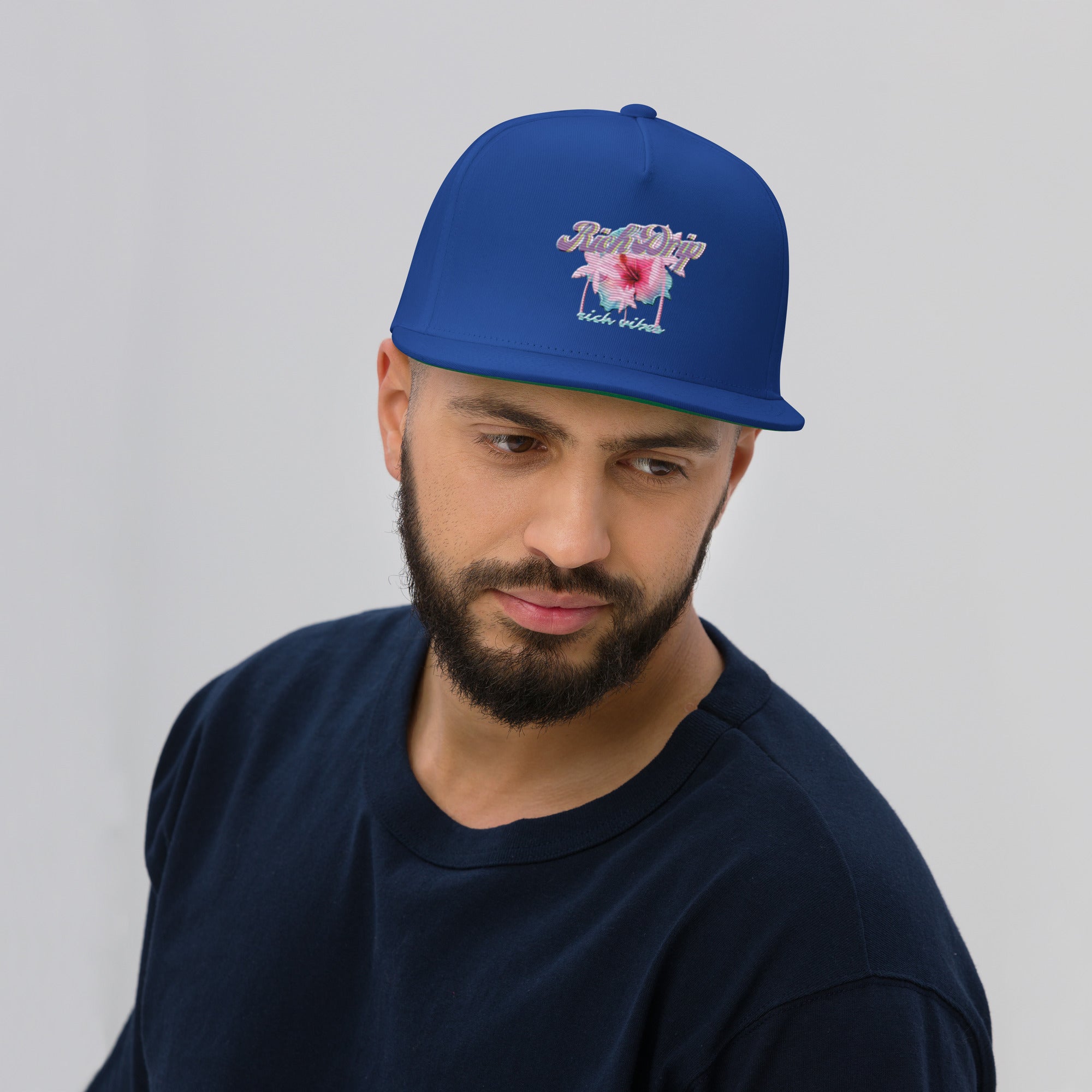 RV Rich Drip Tropical Pink Palm Tree - Flat Bill Cap Royal Blue