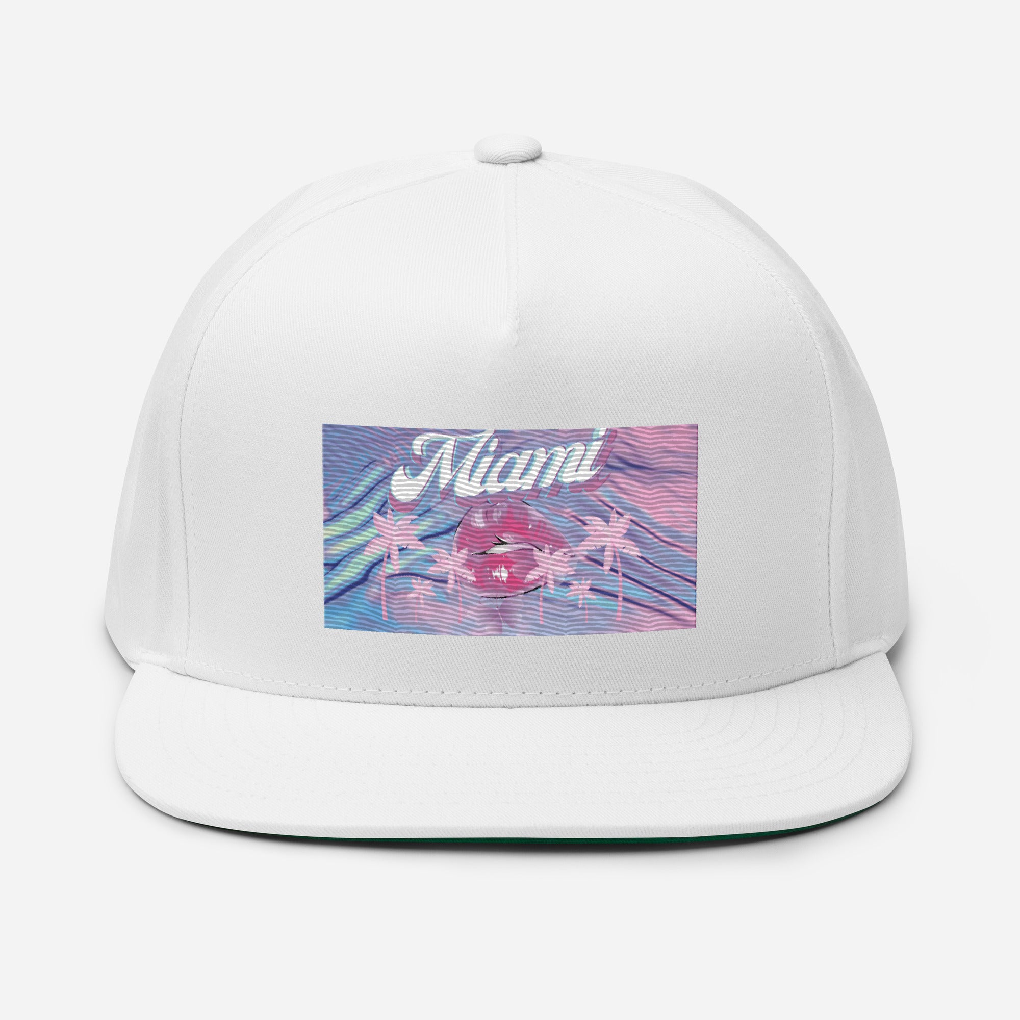 Rich Vibes Miami Pink Palm Tree Diva Kiss Print - Flat Bill Cap Black