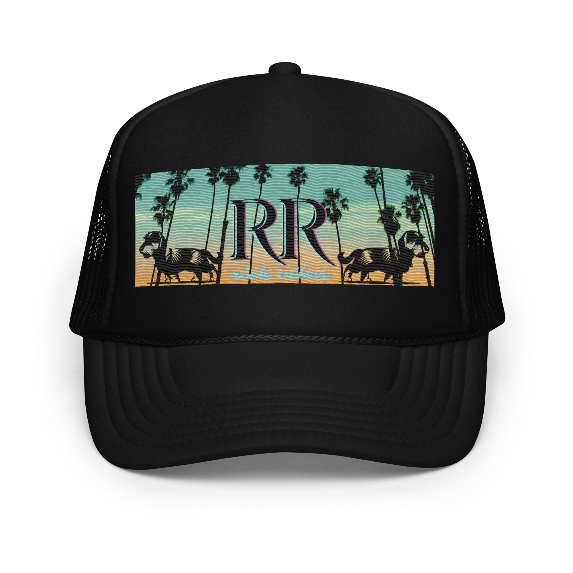 Rich Vibes RR Dog Palm Tree Turquoise Sunset - Foam trucker hat