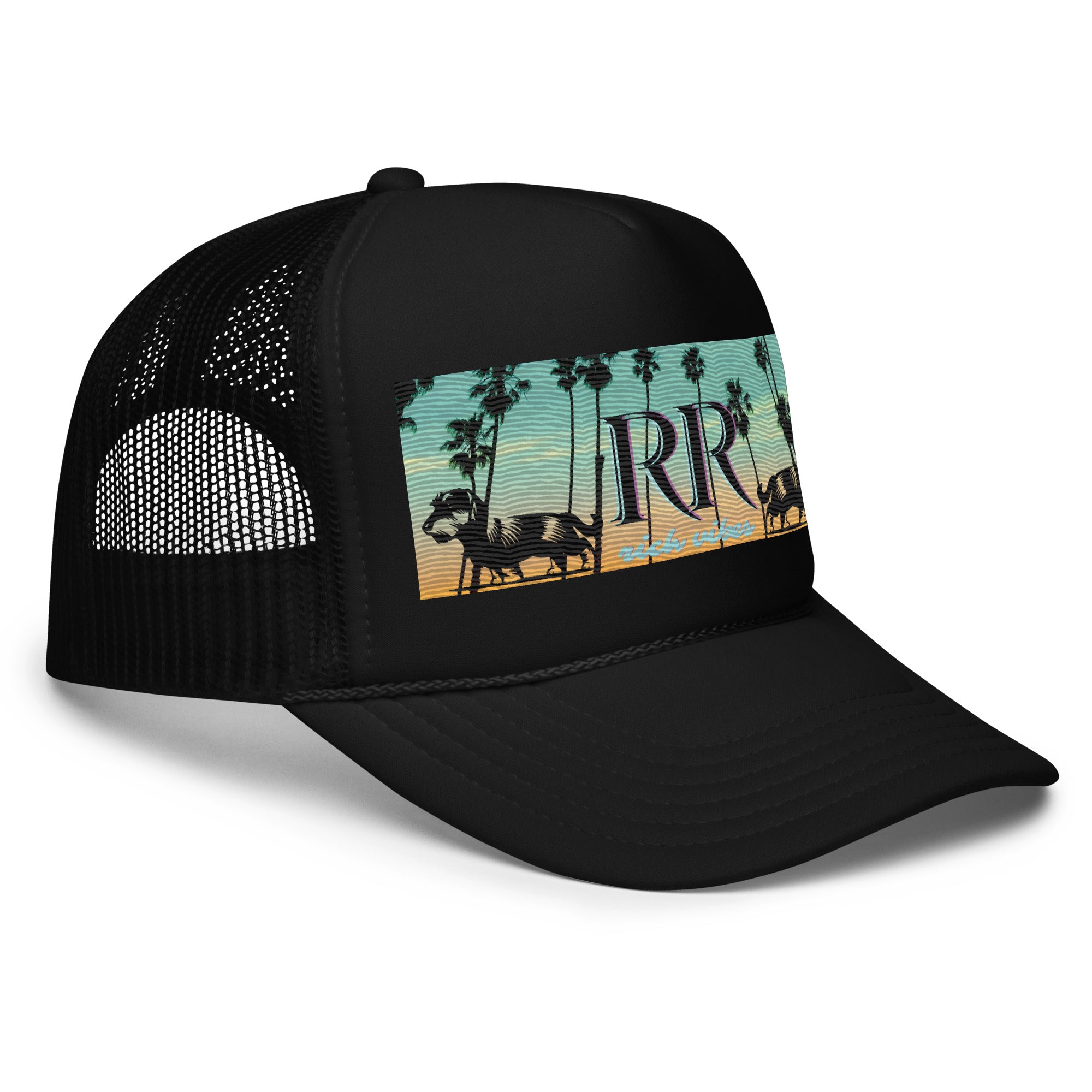 Rich Vibes RR Dog Palm Tree Turquoise Sunset - Foam trucker hat