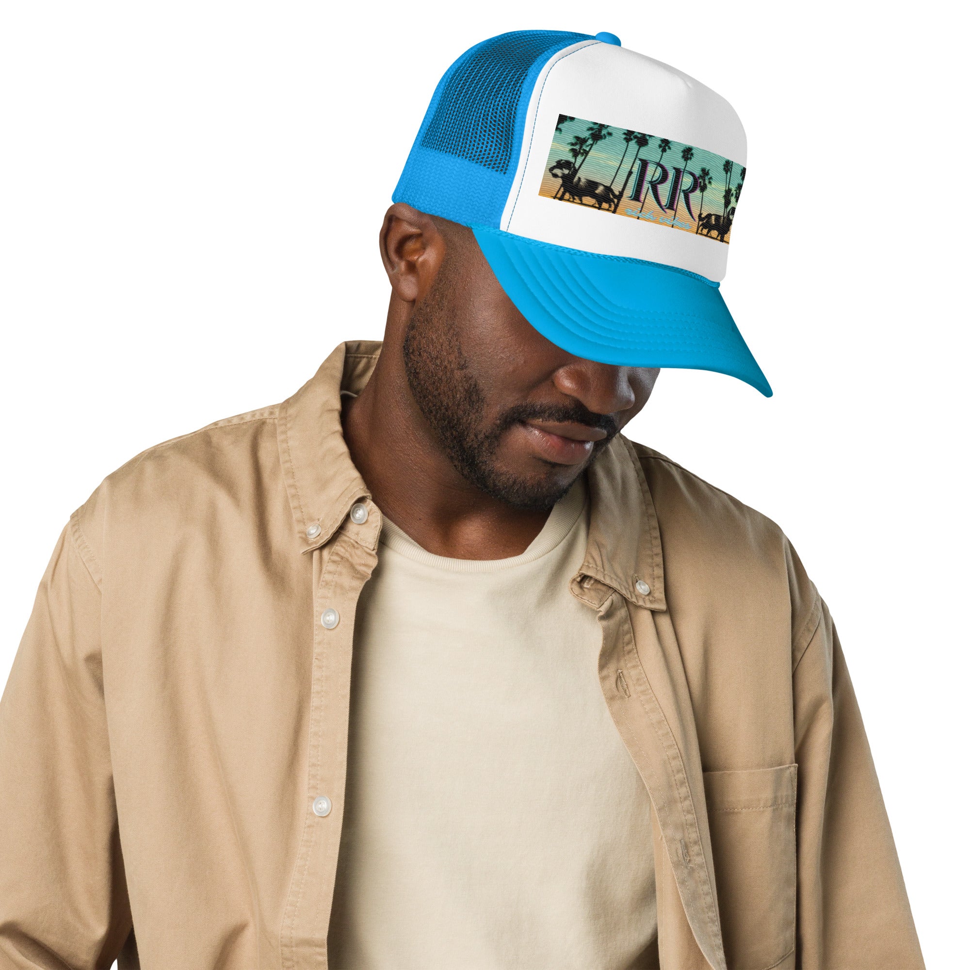 Rich Vibes RR Dog Palm Tree Light Blue Sunset - Foam trucker hat