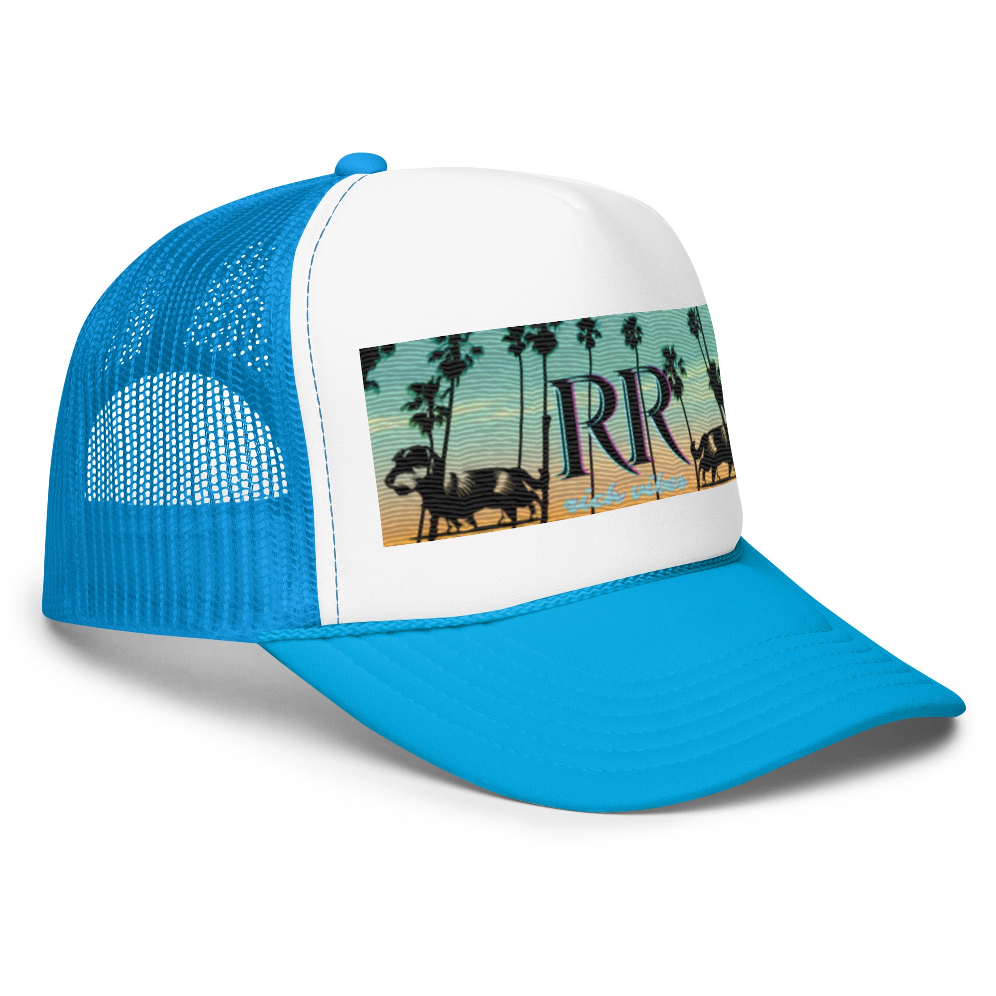 Rich Vibes RR Dog Palm Tree Light Blue Sunset - Foam trucker hat