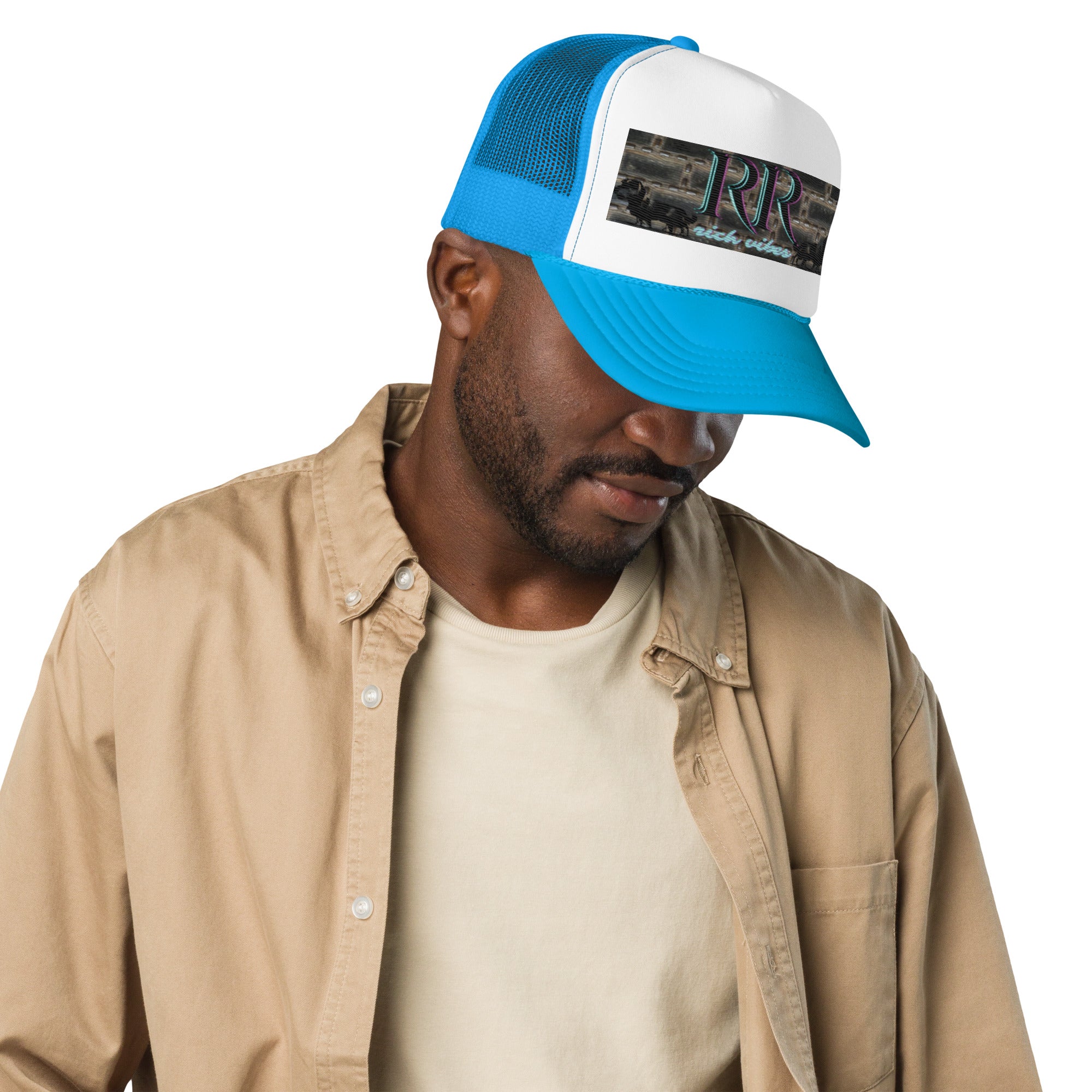 Rich Vibes RR Turquoise Terrier Silhouette - Foam trucker hat Blue&White