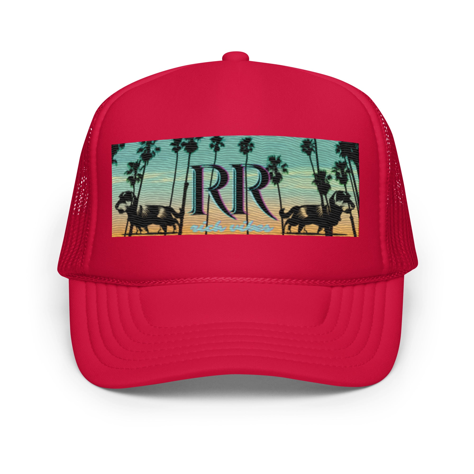 Rich Vibes RR Dog Palm Tree Red Sunset - Foam trucker hat