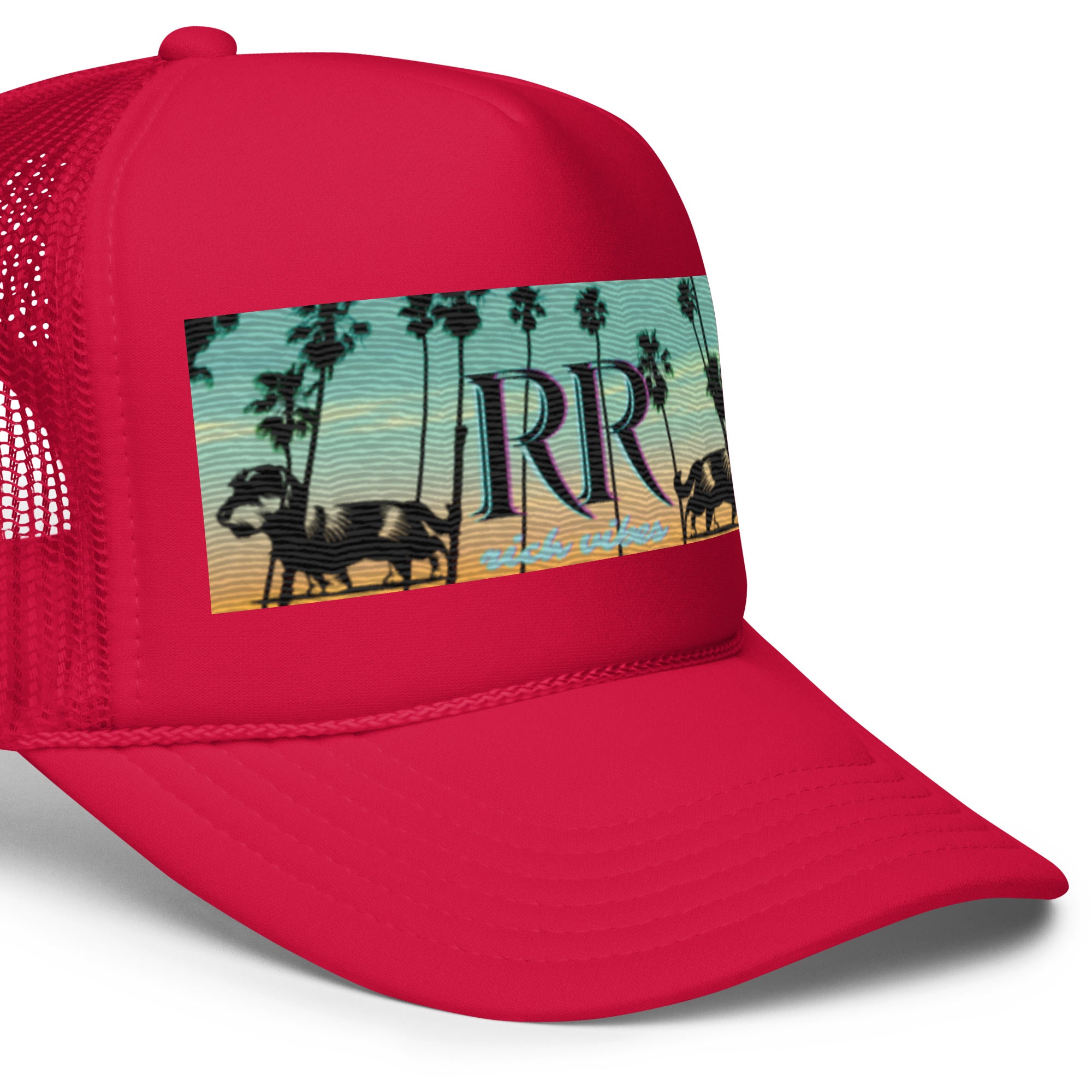 Rich Vibes RR Dog Palm Tree Red Sunset - Foam trucker hat