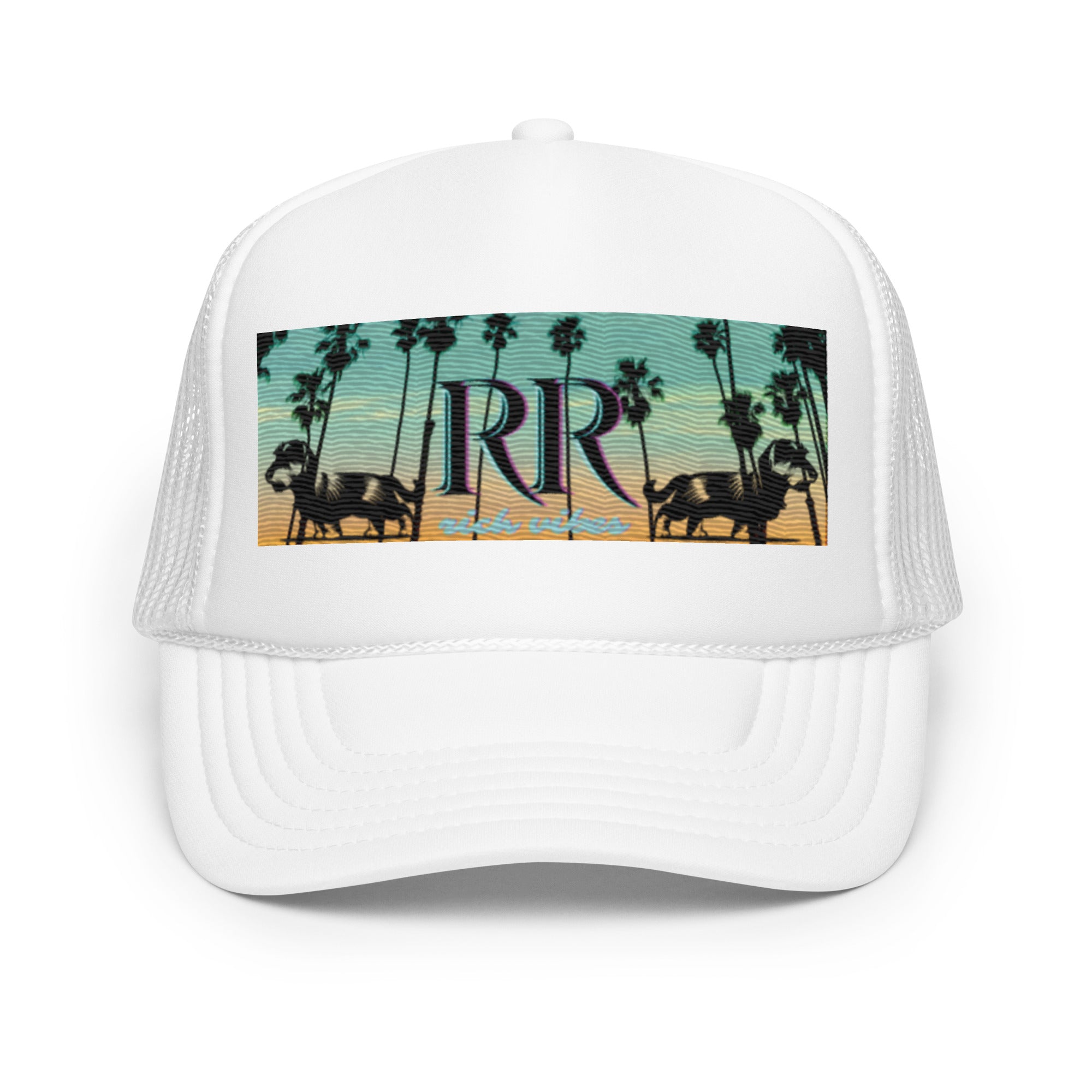 Rich Vibes RR Dog Palm Tree White Sunset - Foam trucker hat