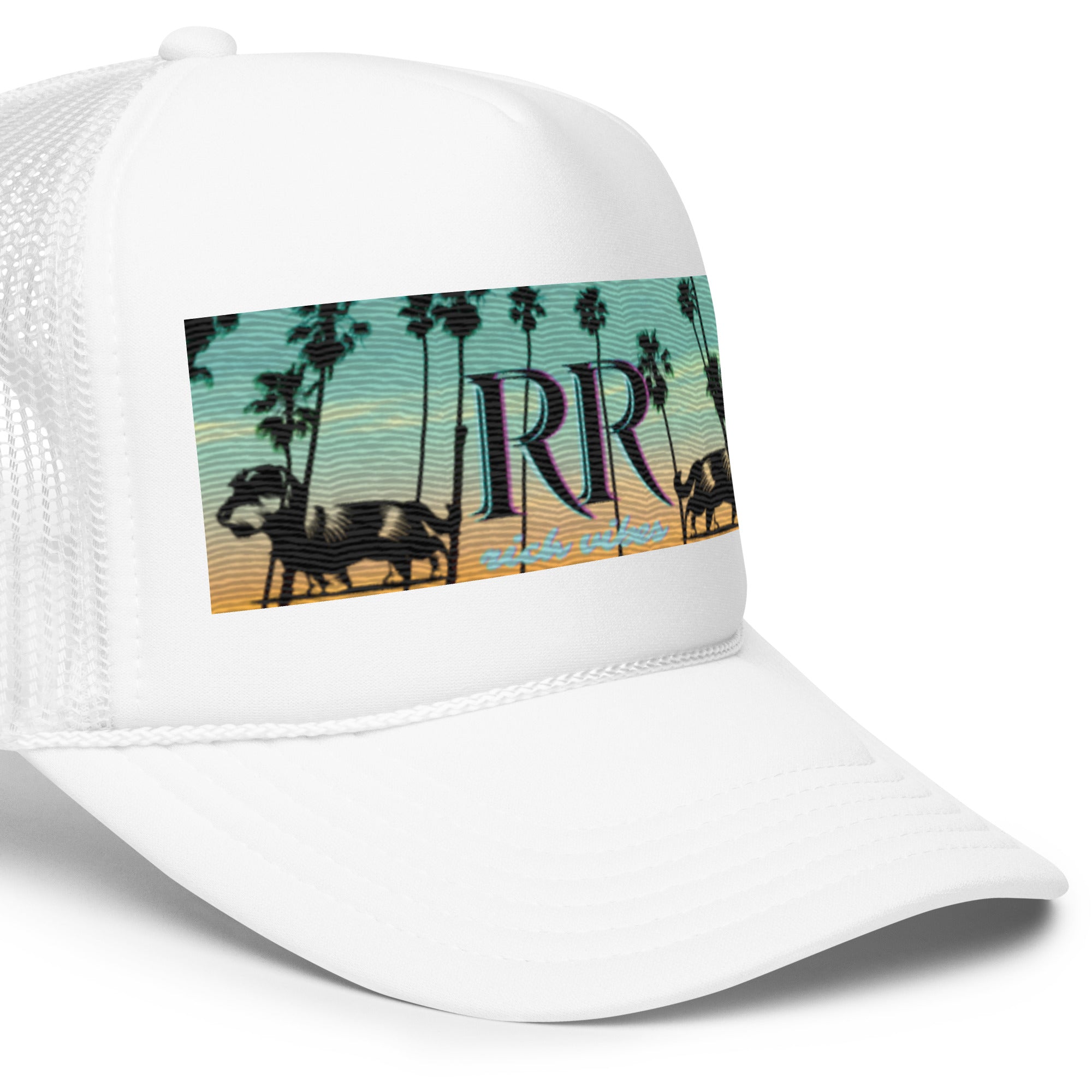 Rich Vibes RR Dog Palm Tree White Sunset - Foam trucker hat