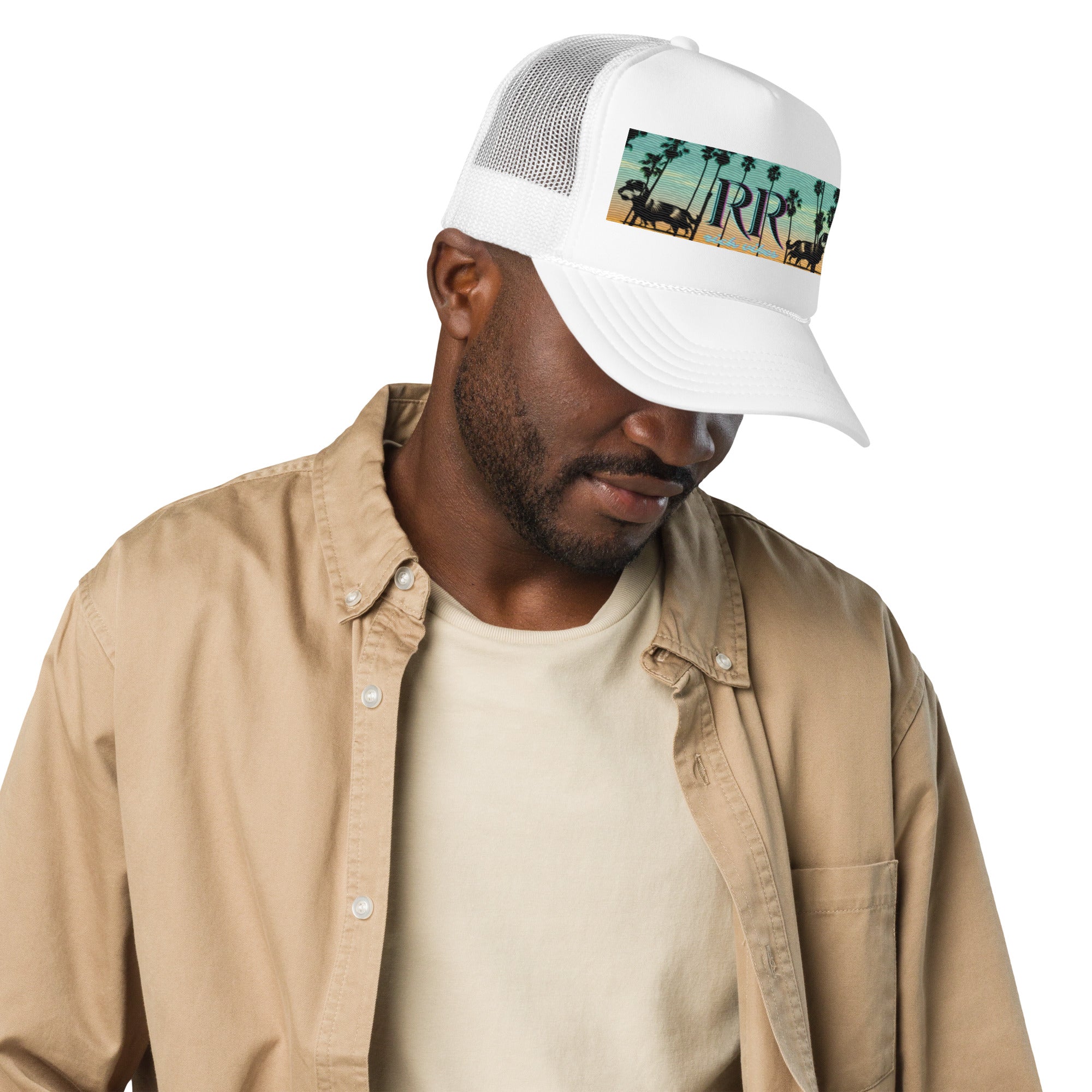 Rich Vibes RR Dog Palm Tree White Sunset - Foam trucker hat