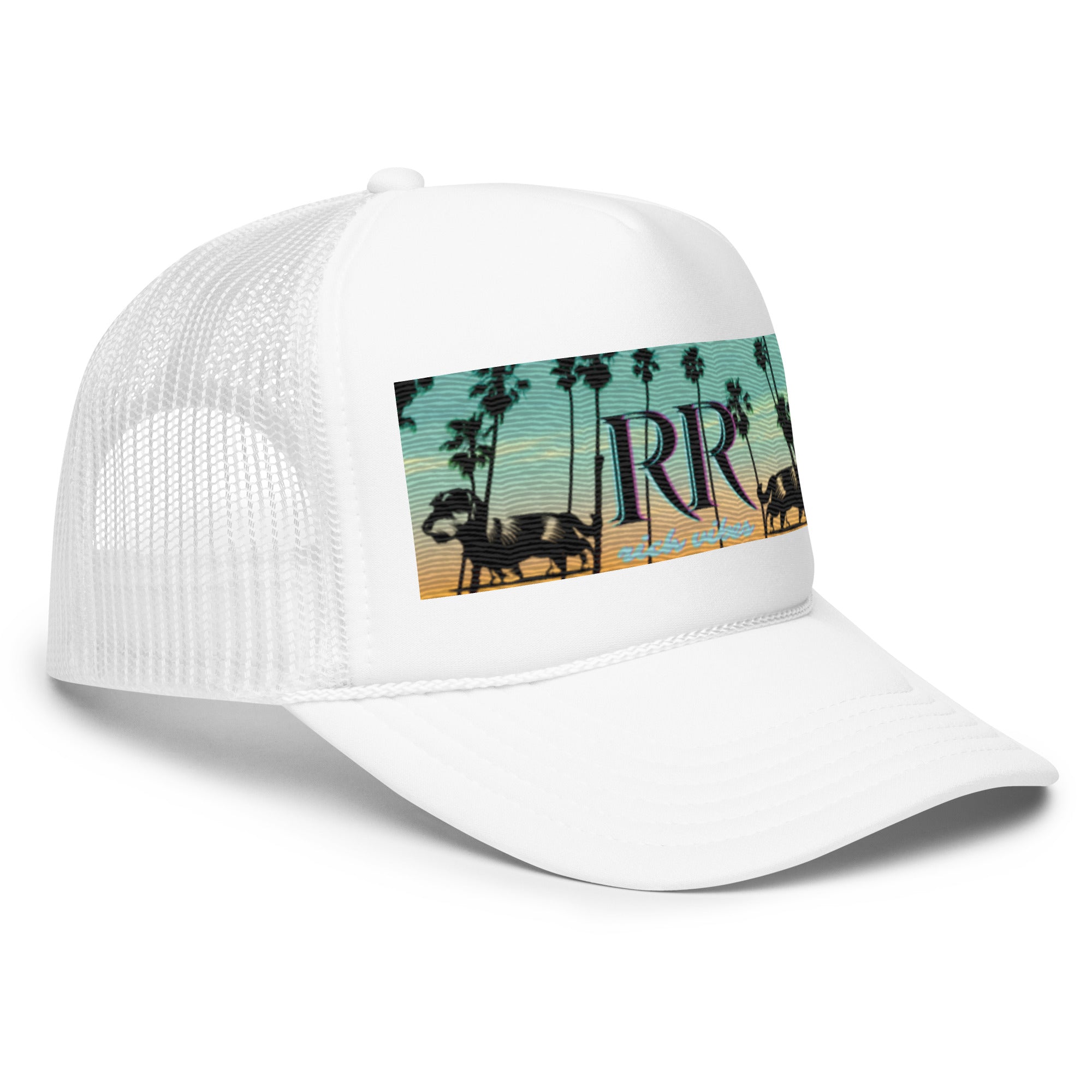 Rich Vibes RR Dog Palm Tree White Sunset - Foam trucker hat