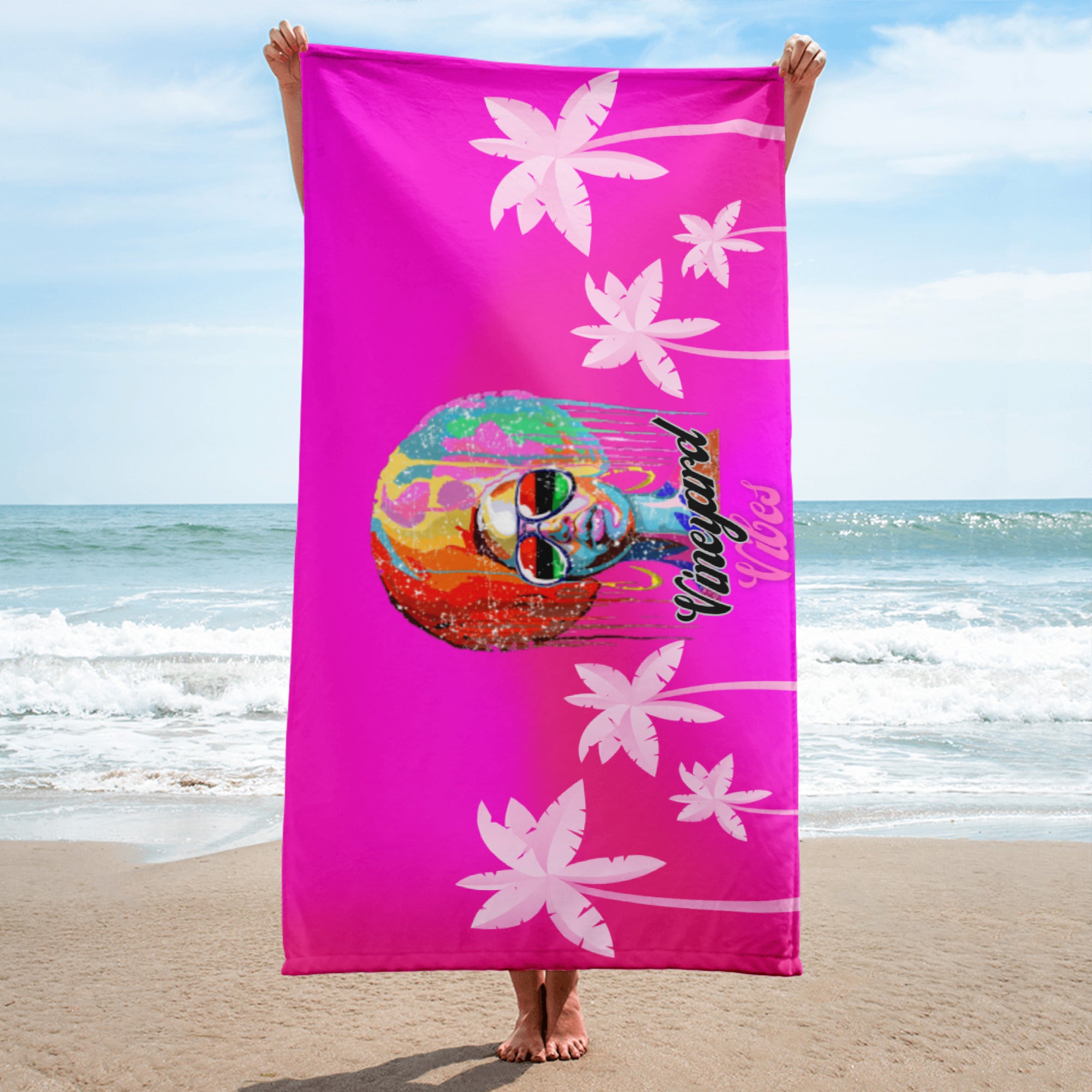 Vineyard Vibes Hot Pink Colorful Afro Pink Palm Tree - Towel