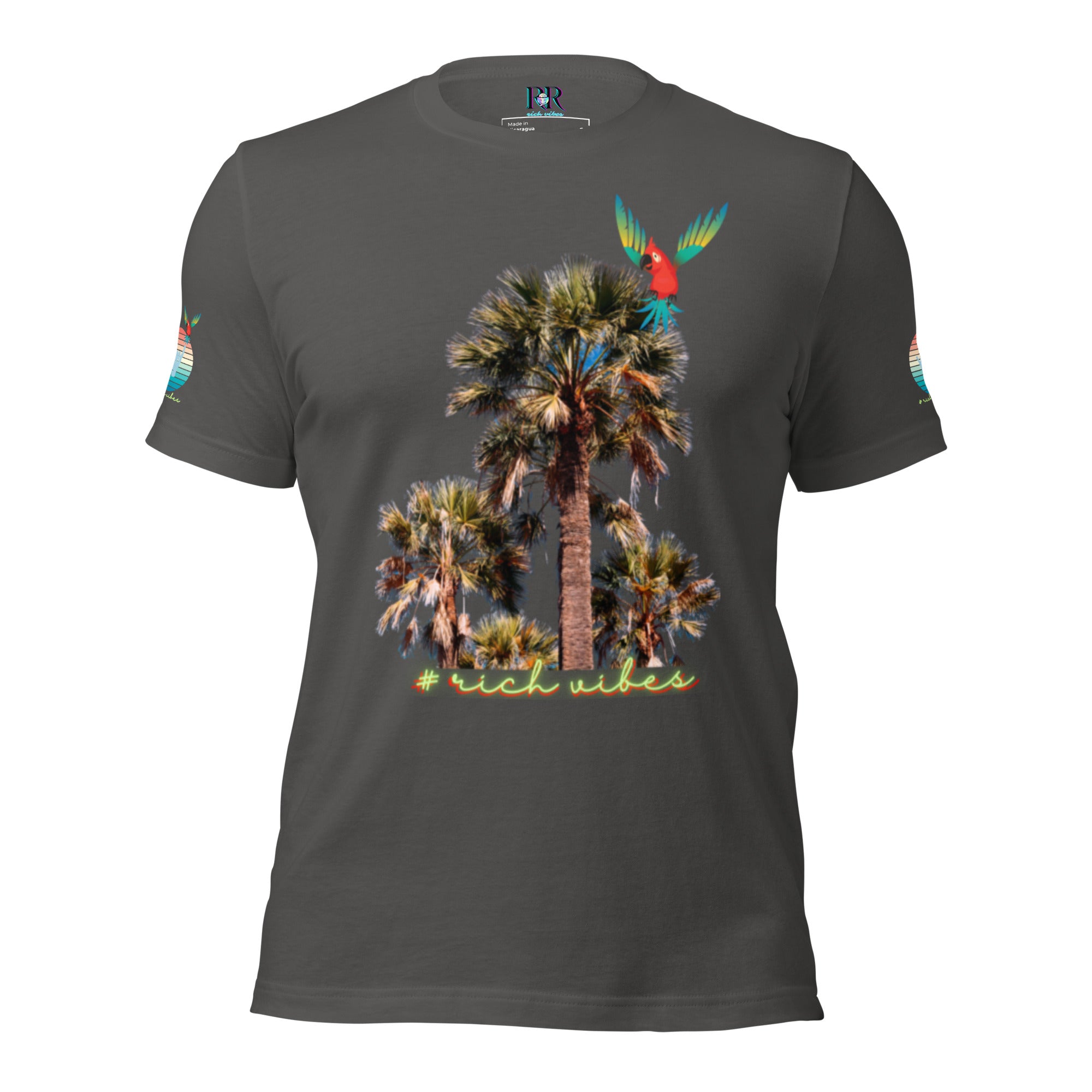Rich Drip Volt Rich Vibes Colorful Palm Tree Silhouette Multi Colored Circle - Unisex t-shirt Grey