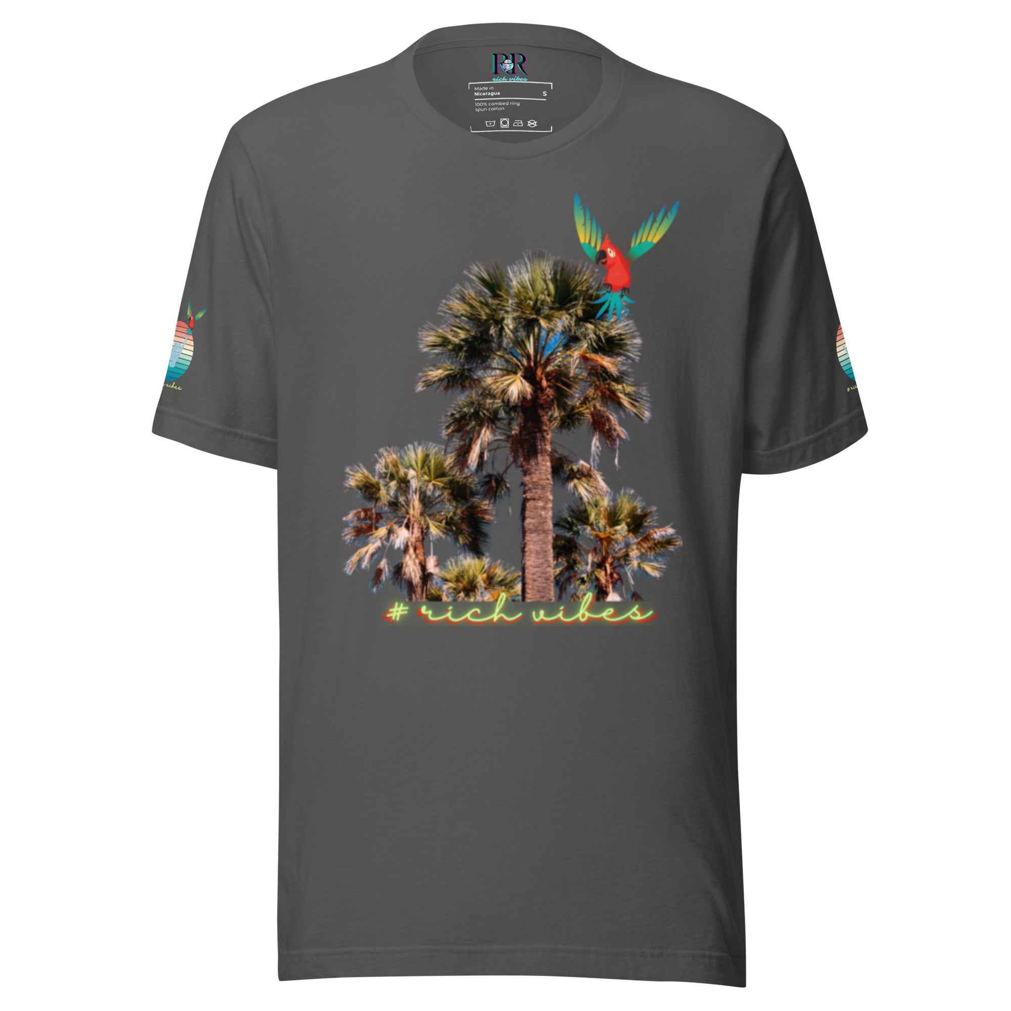 Rich Drip Volt Rich Vibes Colorful Palm Tree Silhouette Multi Colored Circle - Unisex t-shirt Grey