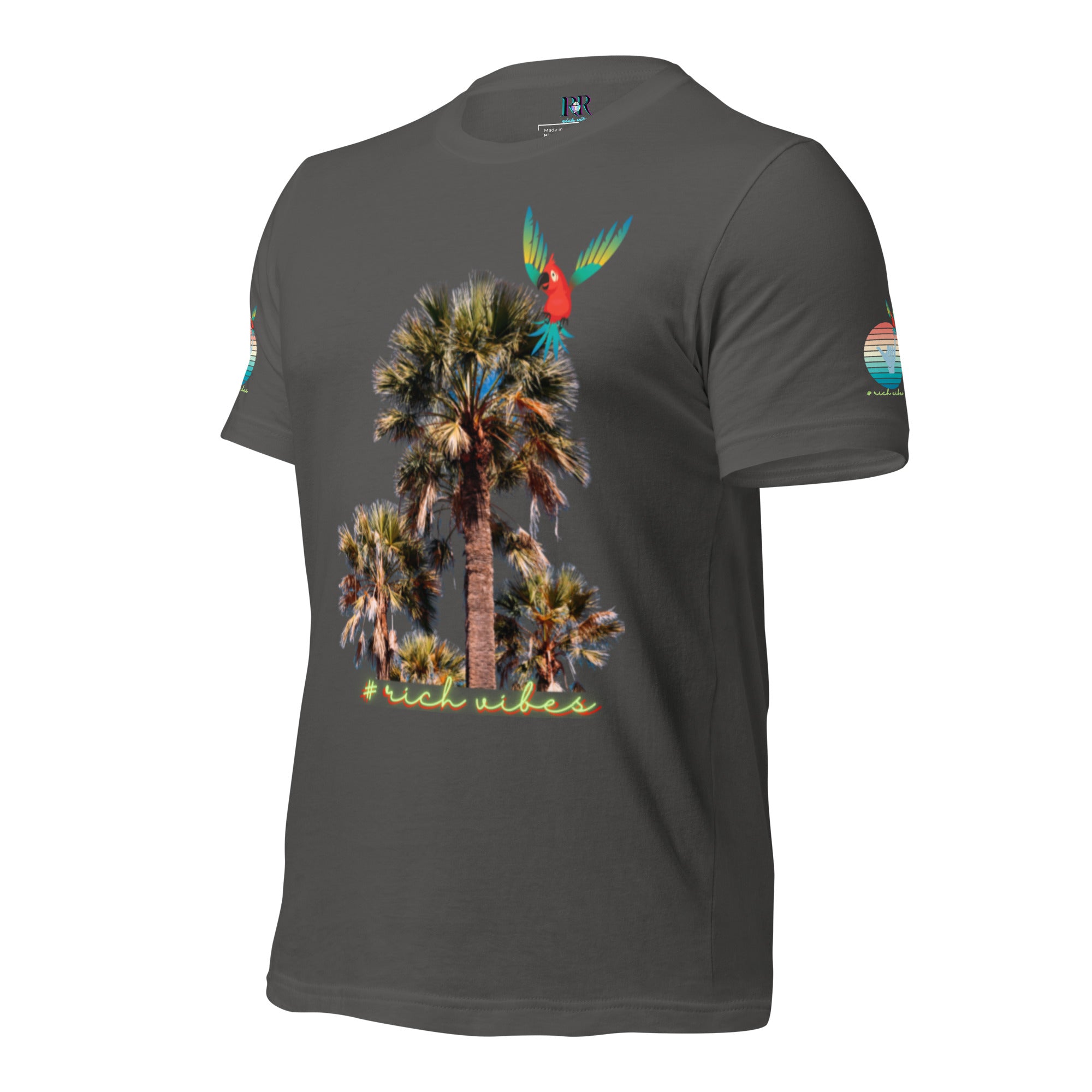 Rich Drip Volt Rich Vibes Colorful Palm Tree Silhouette Multi Colored Circle - Unisex t-shirt Grey