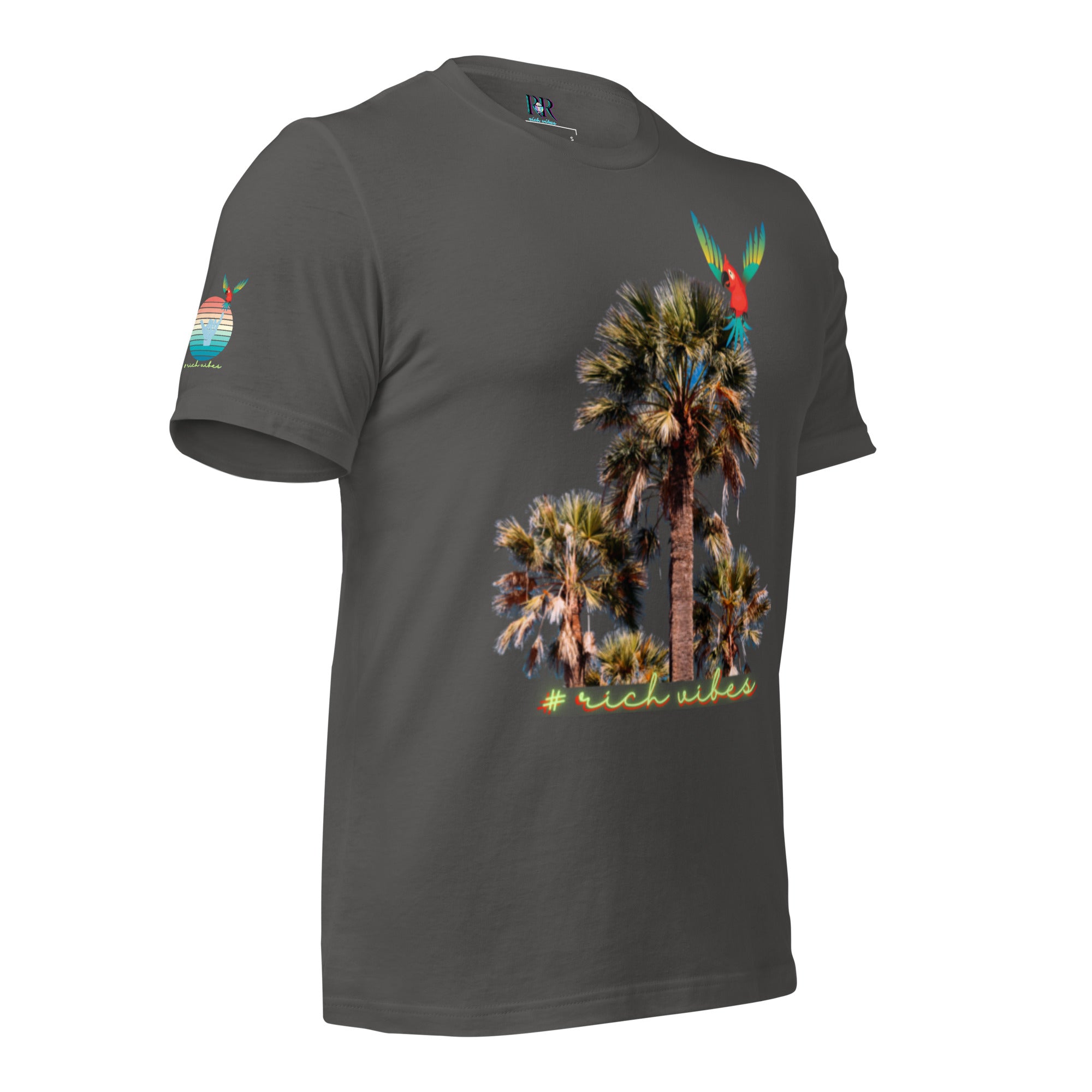 Rich Drip Volt Rich Vibes Colorful Palm Tree Silhouette Multi Colored Circle - Unisex t-shirt Grey