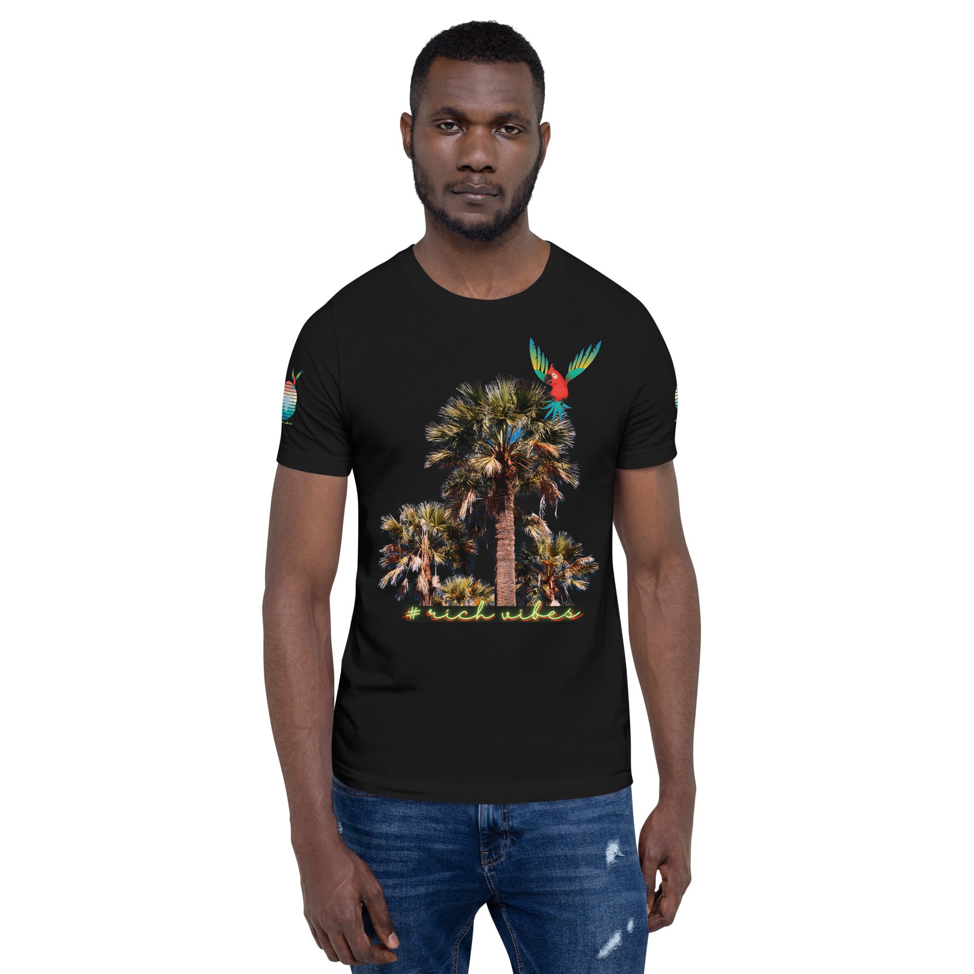 Rich Drip Volt Rich Vibes Colorful Palm Tree Silhouette Multi Colored Circle - Unisex t-shirt Black