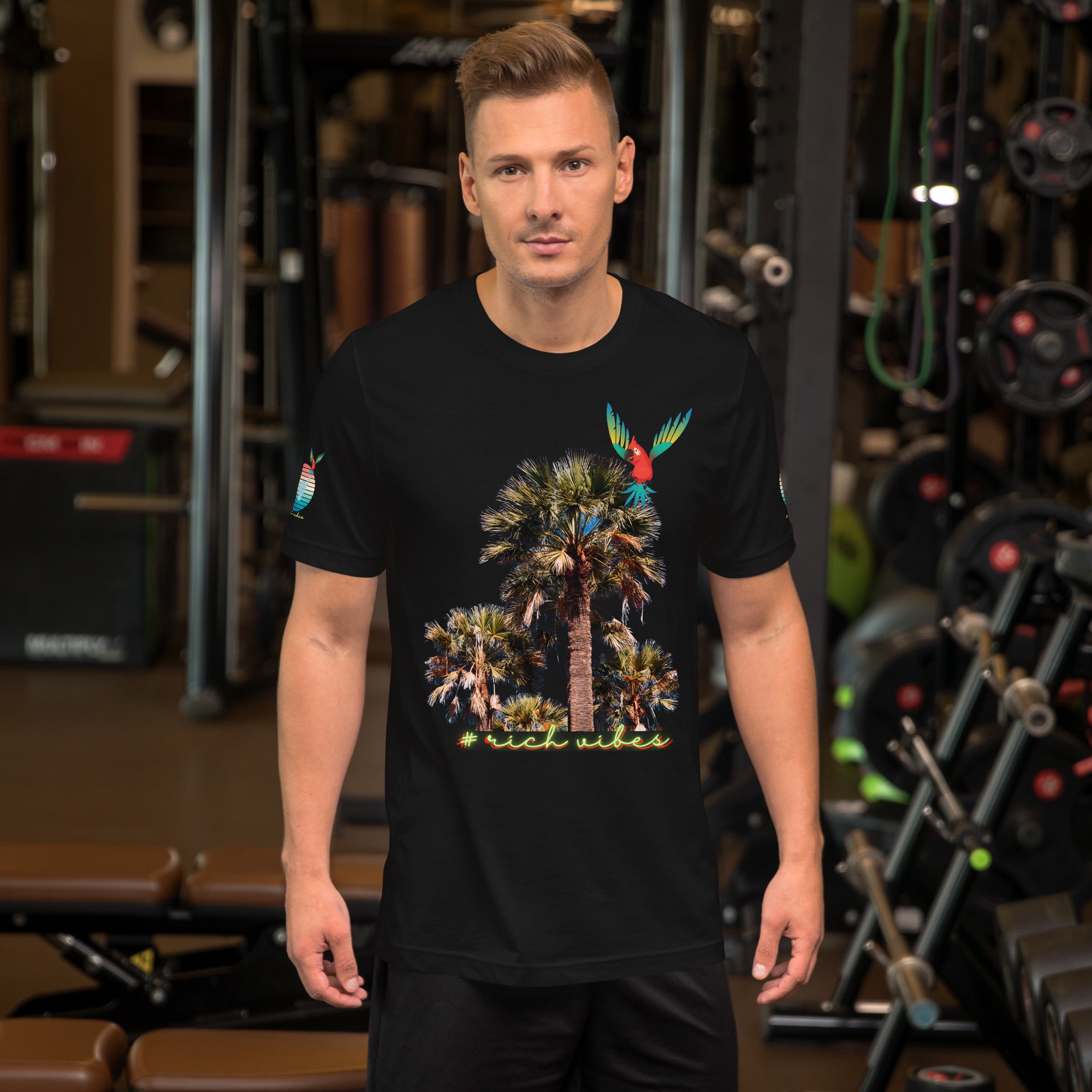Rich Drip Volt Rich Vibes Colorful Palm Tree Silhouette Multi Colored Circle - Unisex t-shirt Black
