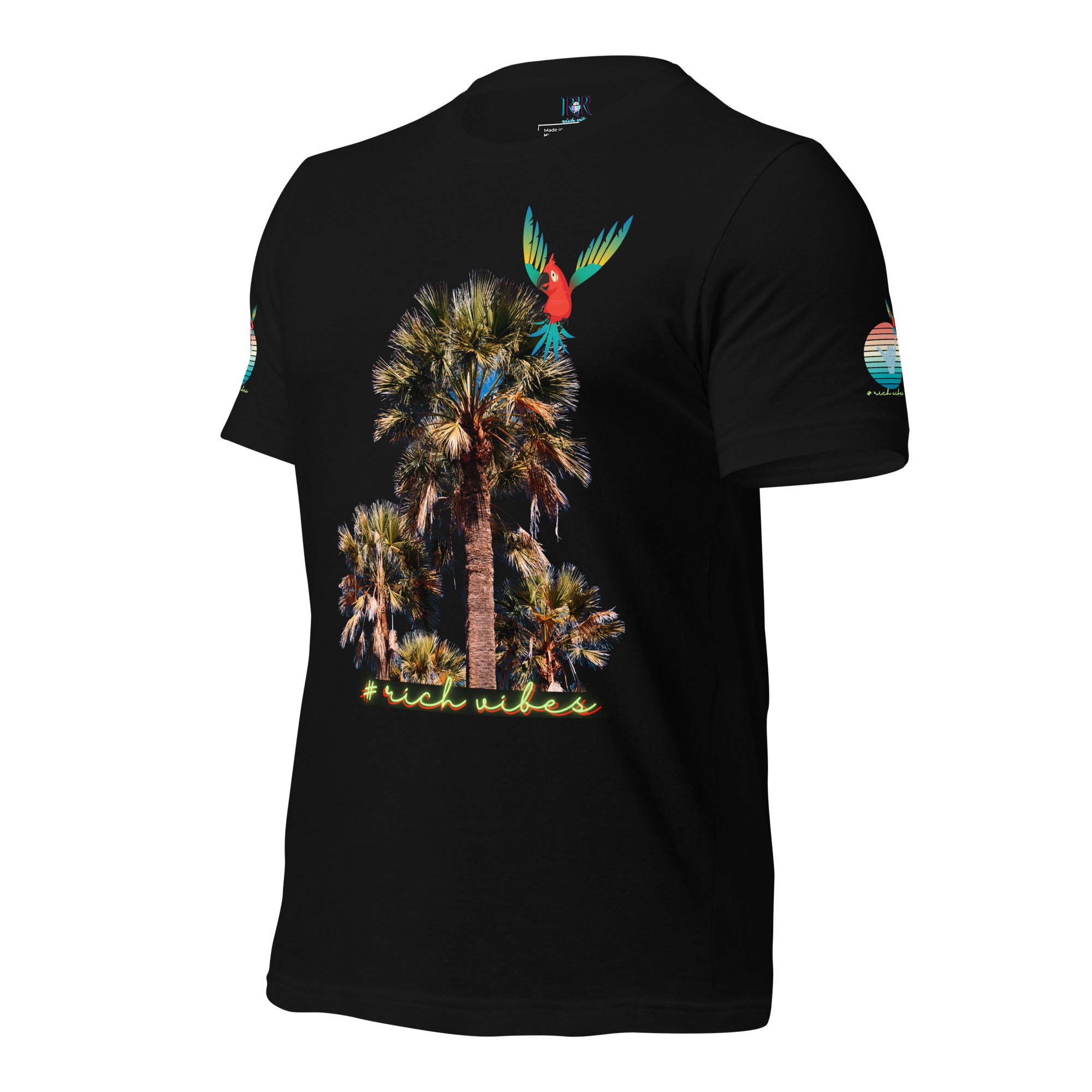 Rich Drip Volt Rich Vibes Colorful Palm Tree Silhouette Multi Colored Circle - Unisex t-shirt Black