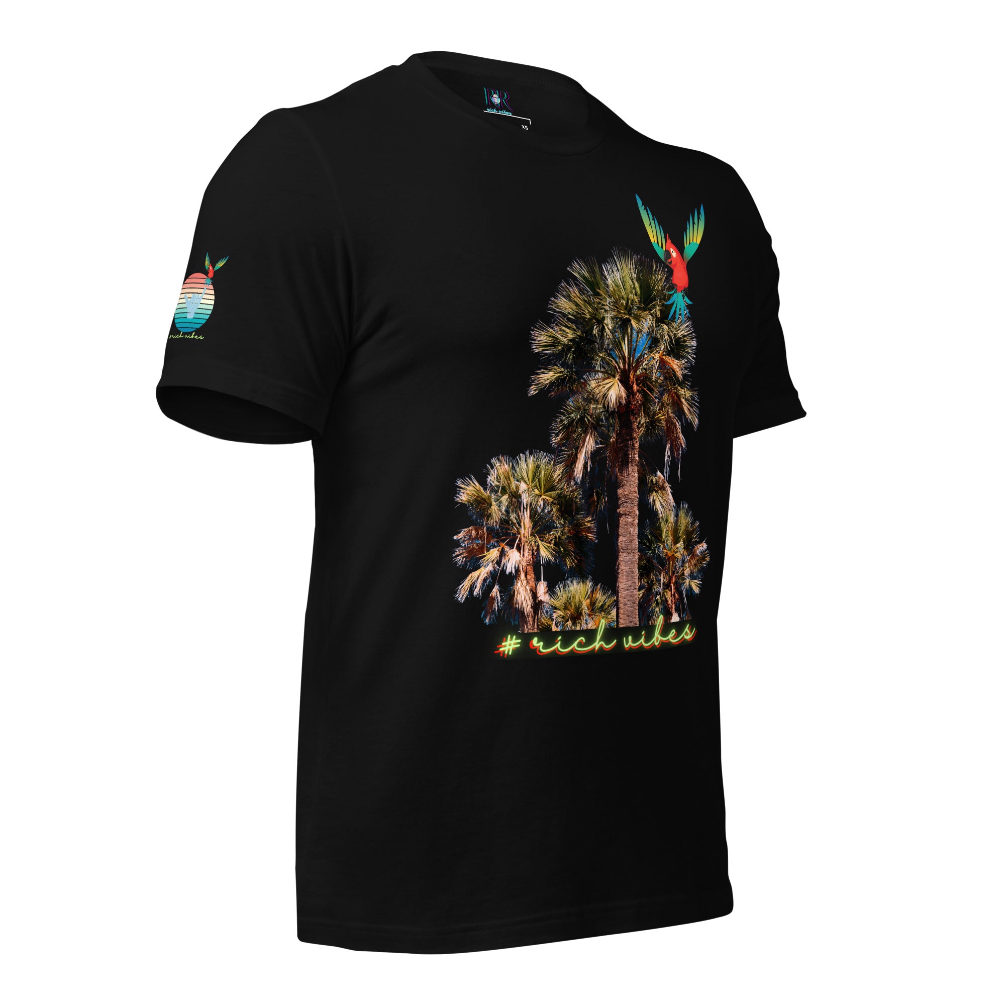 Rich Drip Volt Rich Vibes Colorful Palm Tree Silhouette Multi Colored Circle - Unisex t-shirt Black