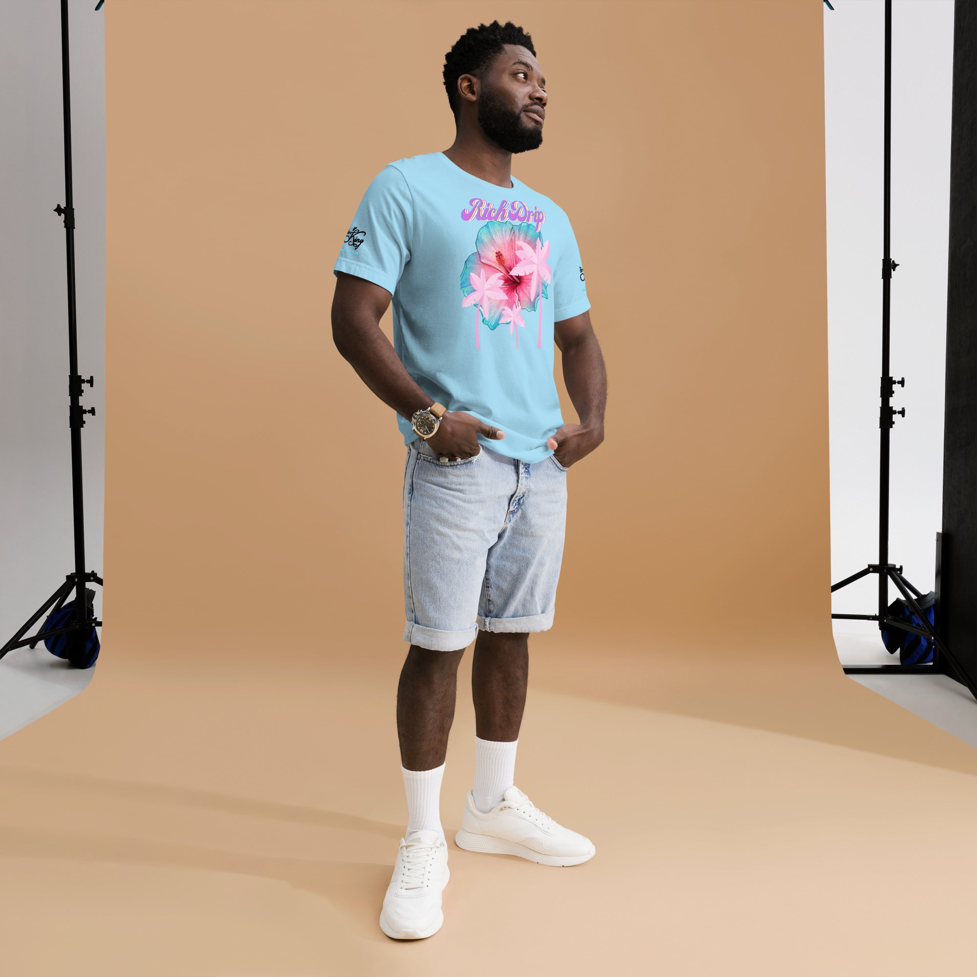 RV Rich Drip Her King Tropical Pink Palm Tree - Unisex t-shirt Ocean Blue