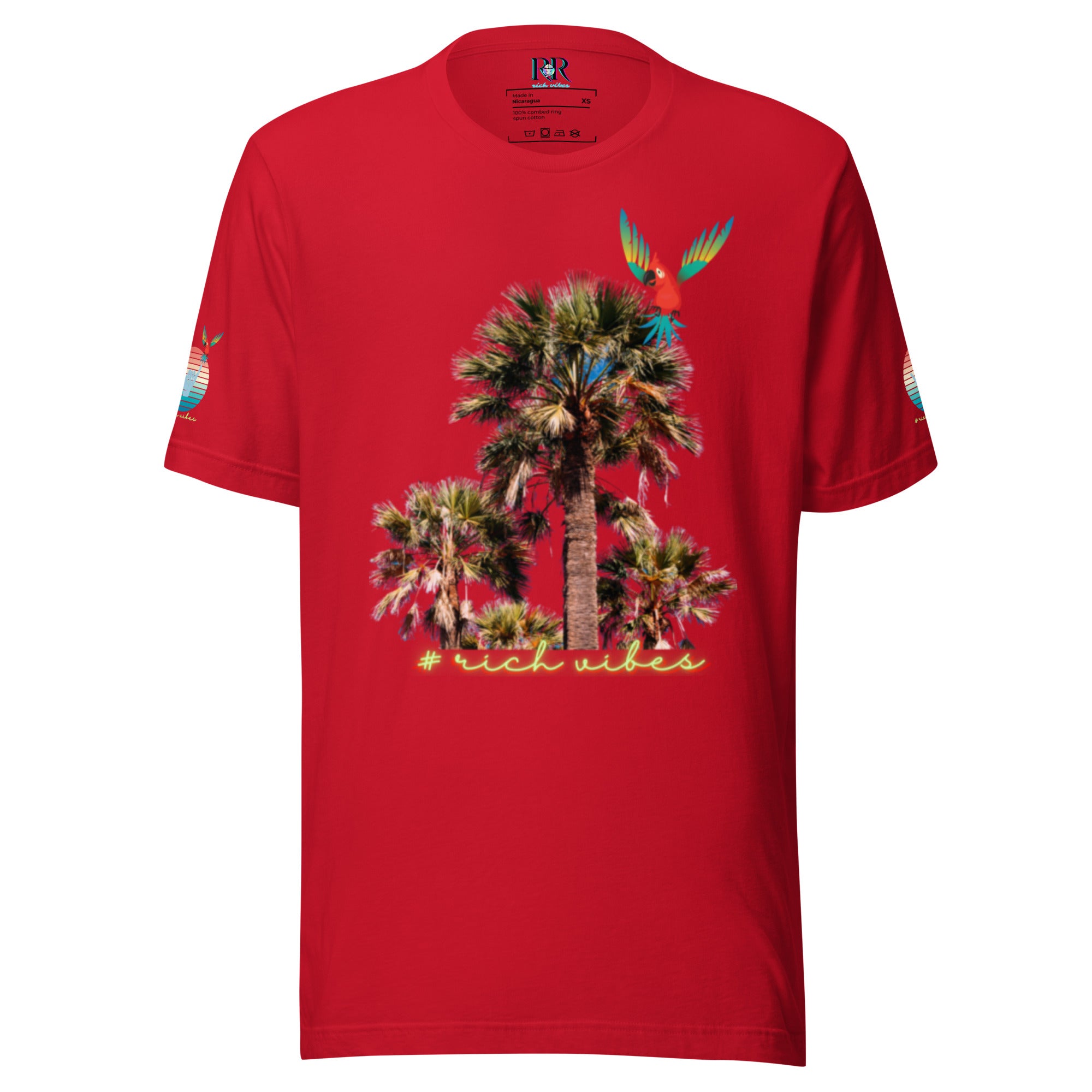 Rich Drip Volt Rich Vibes Colorful Palm Tree Silhouette Multi Colored Circle - Unisex t-shirt Red
