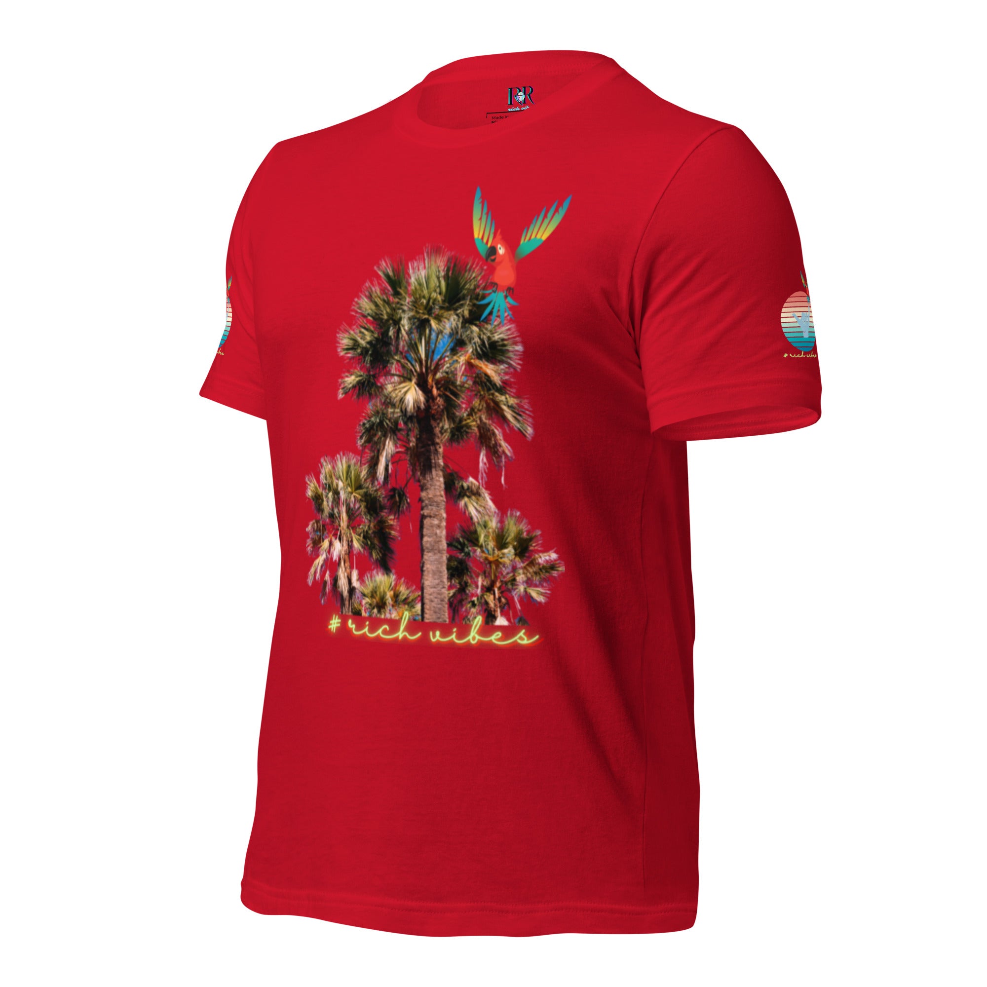 Rich Drip Volt Rich Vibes Colorful Palm Tree Silhouette Multi Colored Circle - Unisex t-shirt Red