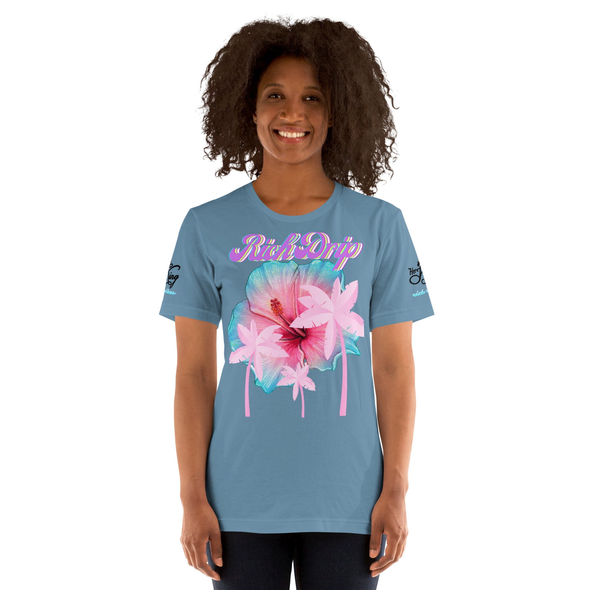 RV Rich Drip Her King Tropical Pink Palm Tree - Unisex t-shirt Steel Blue