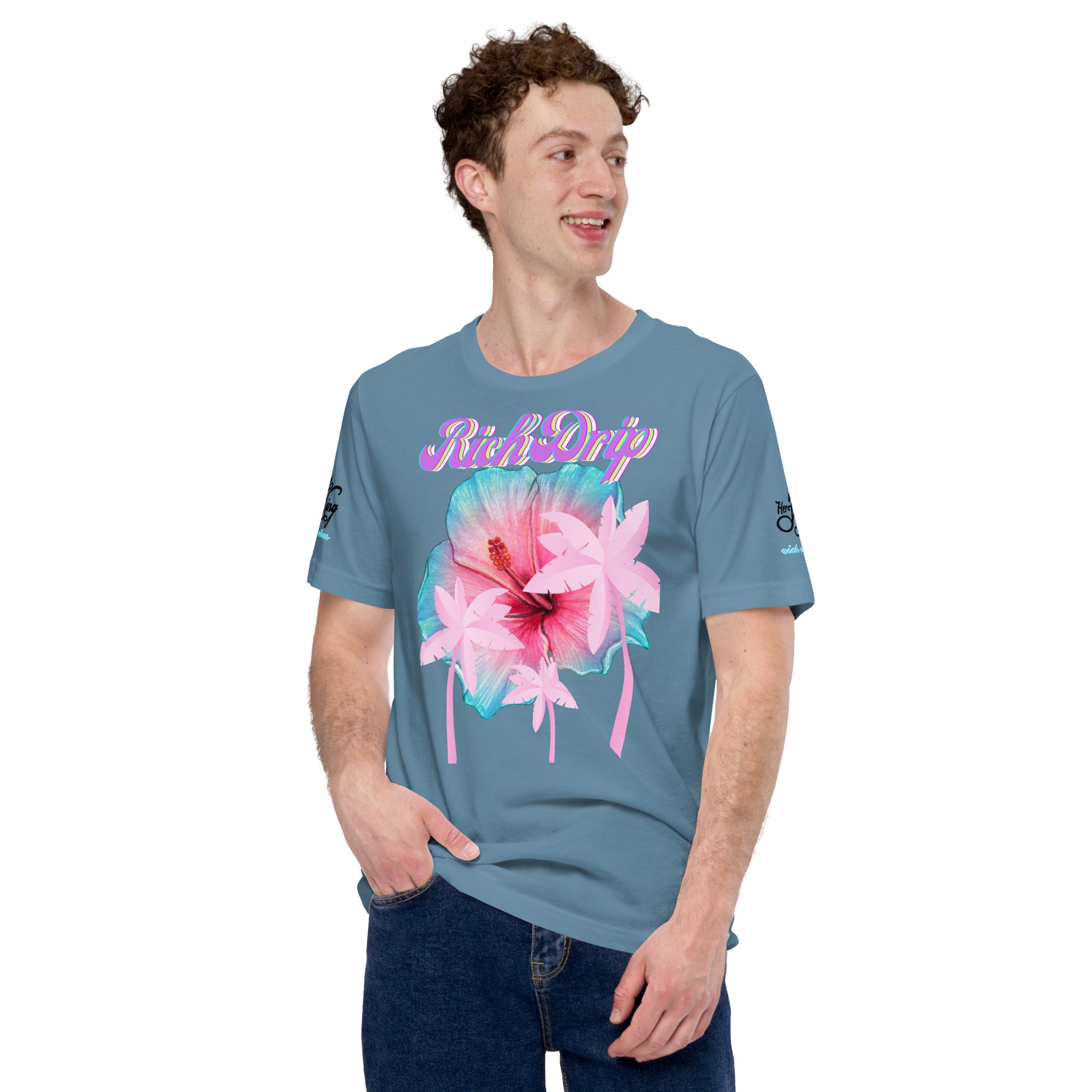 RV Rich Drip Her King Tropical Pink Palm Tree - Unisex t-shirt Steel Blue