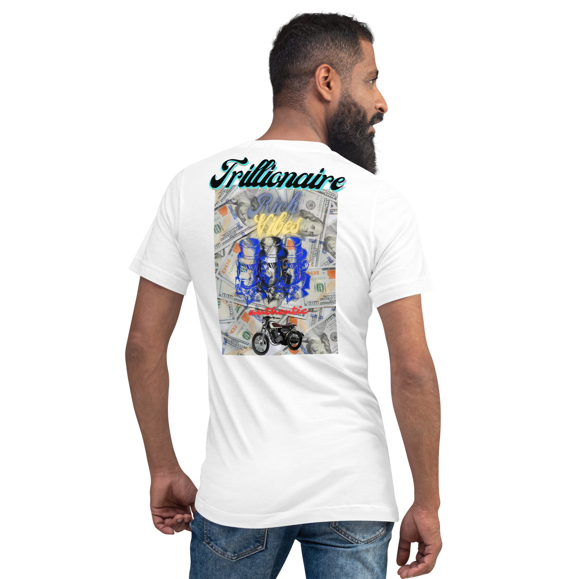 Rich Vibes RV Palm Tree Top Logo Benjamins - Unisex Short Sleeve V-Neck T-Shirt