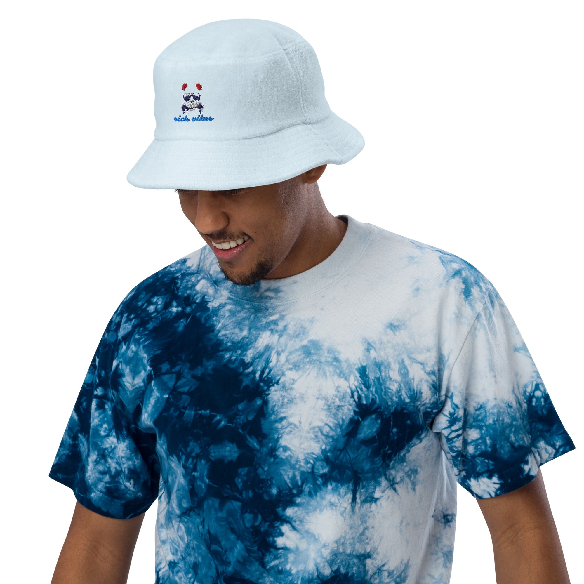Rich Vibes Panda Swag Blue Logo - Unstructured terry cloth bucket hat Baby Blue