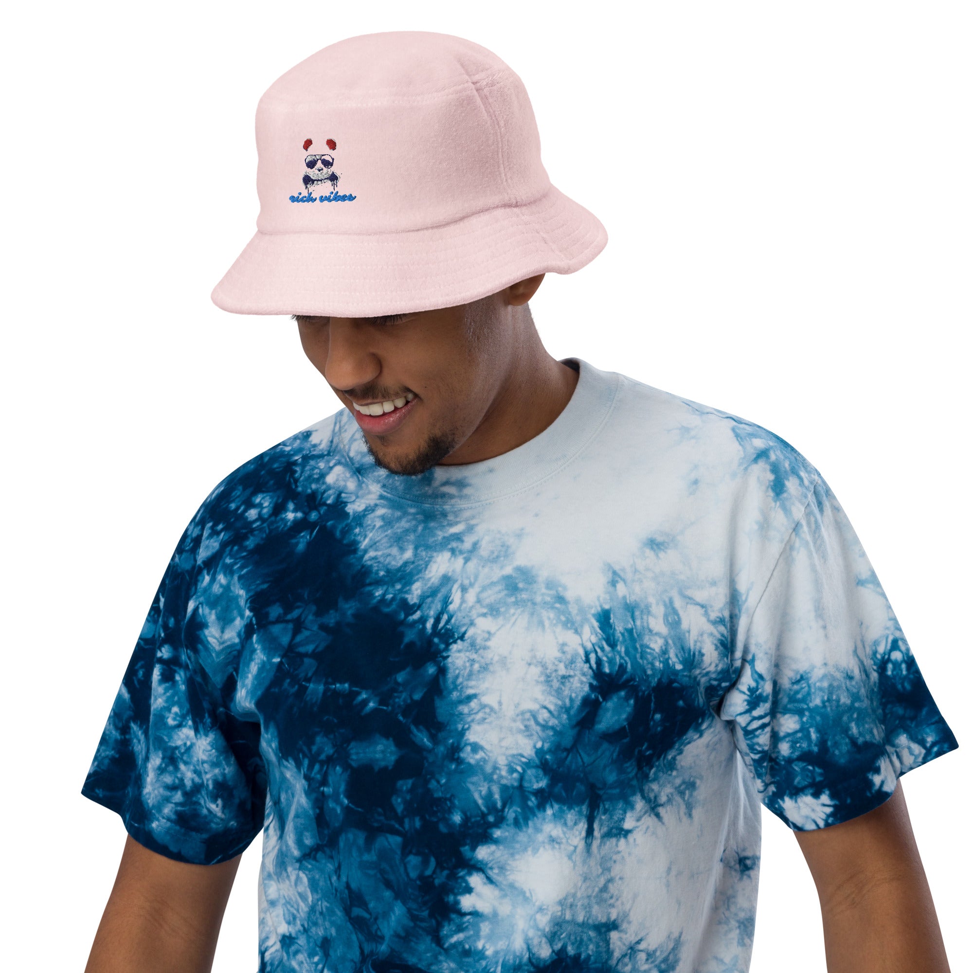 Rich Vibes Sunset Beach Panda - Unstructured terry cloth bucket hat