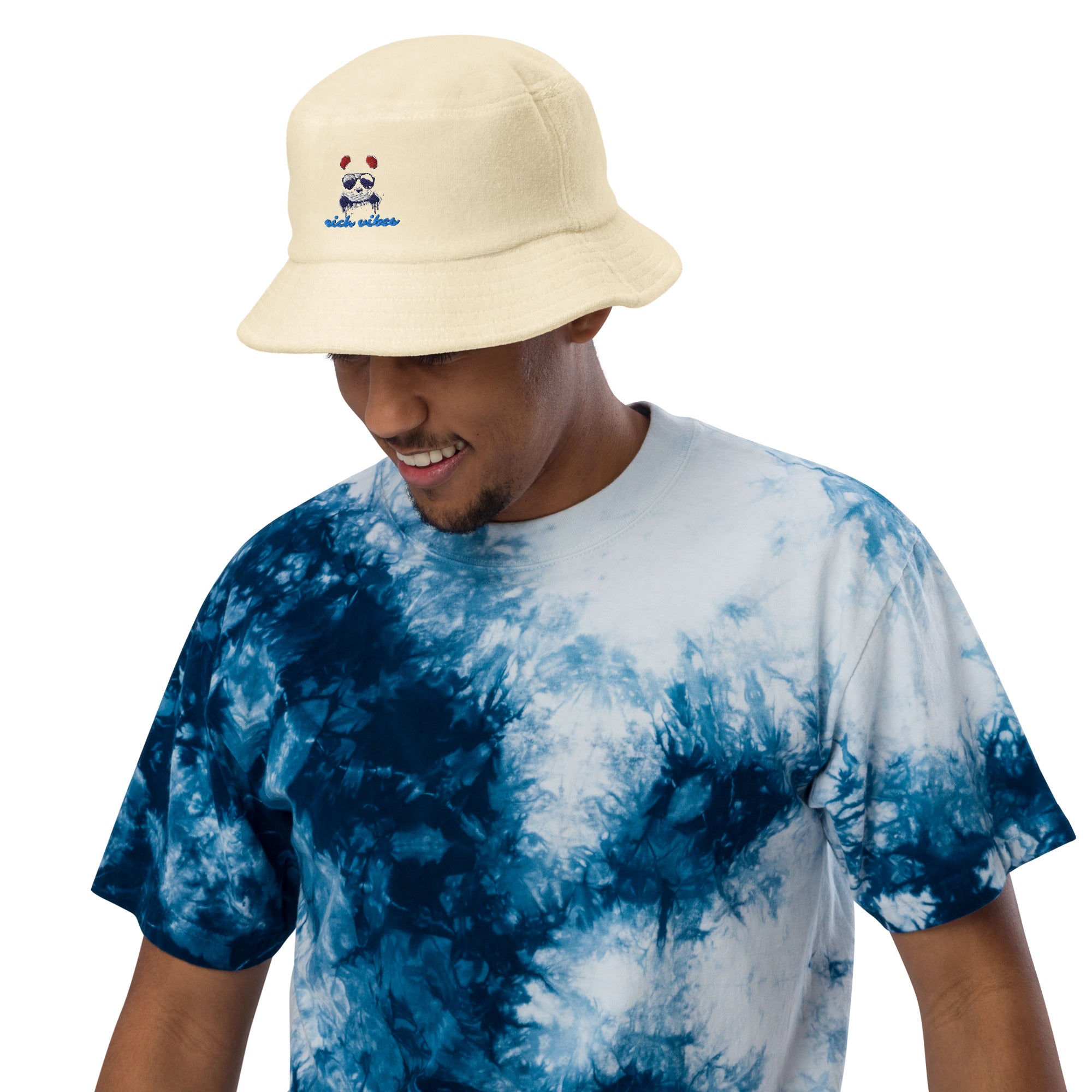 Rich Vibes Panda Swag Blue Logo - Unstructured terry cloth bucket hat Banana