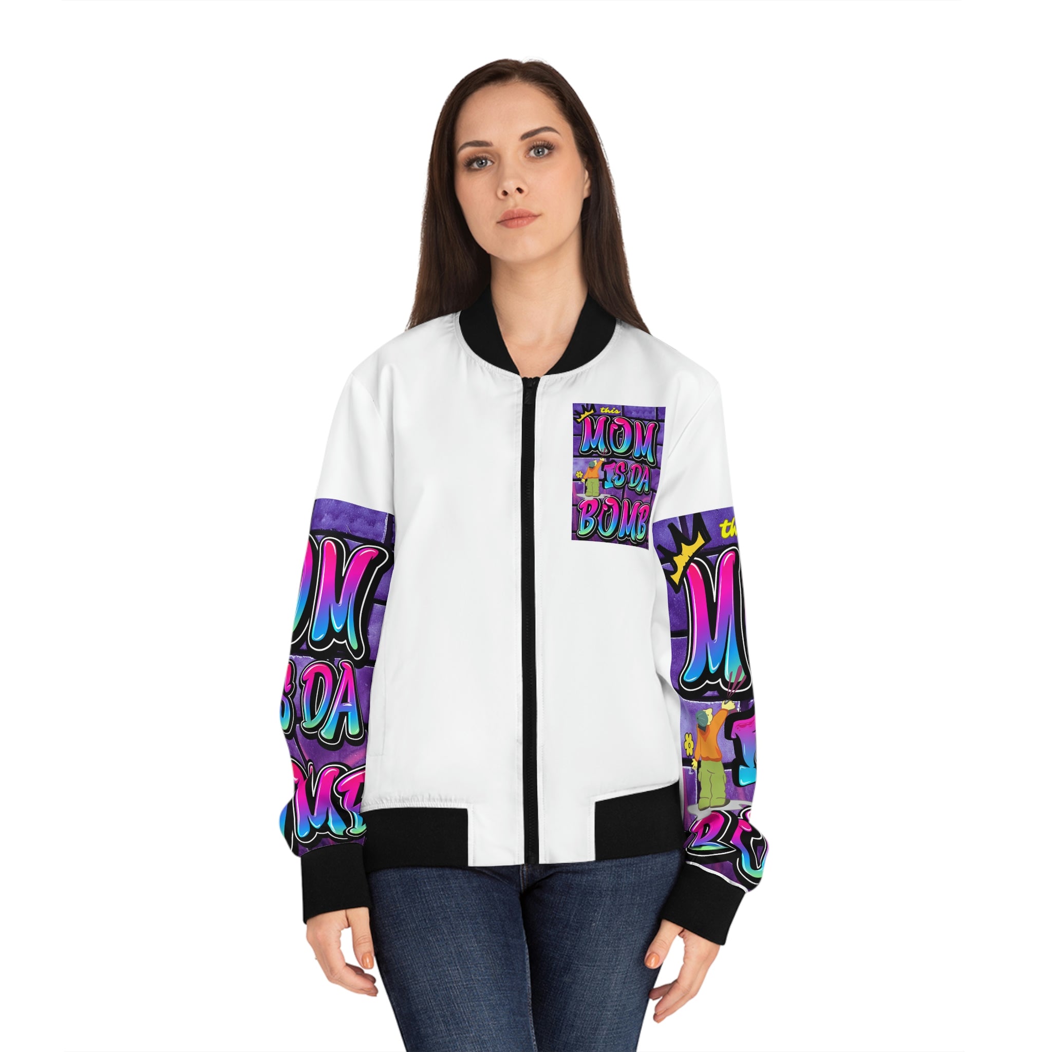 THIS MOM IS THE BOMB - 90s Retro - Women's White Bomber Jacket (AOP)