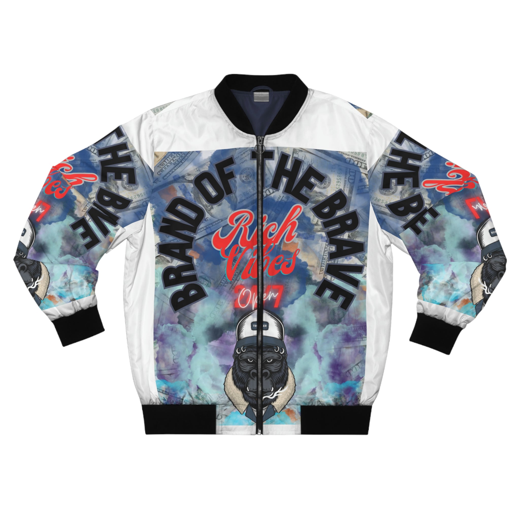 RICH VIBES BRAND OF THE BRAVE APE - Men's White Bomber Jacket (AOP)