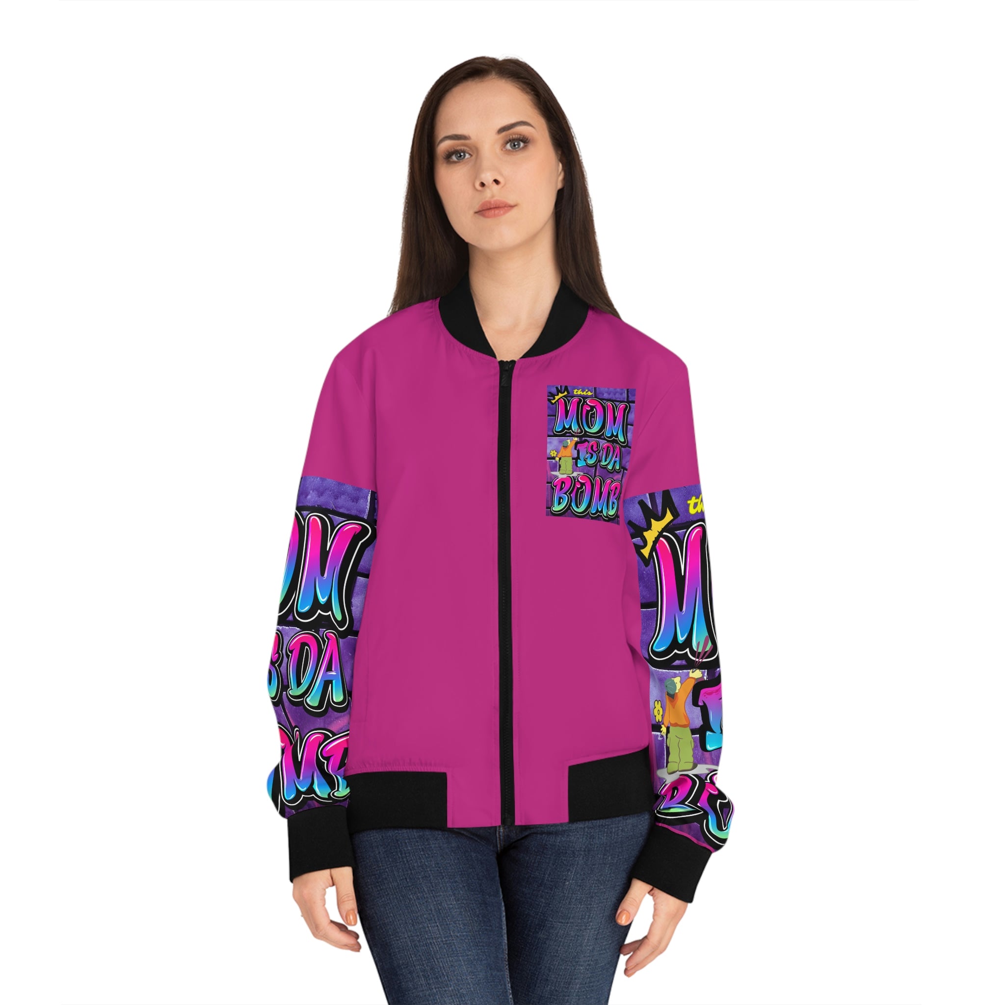 THIS MOM IS THE BOMB - 90s Retro - Women's Pink Bomber Jacket (AOP)