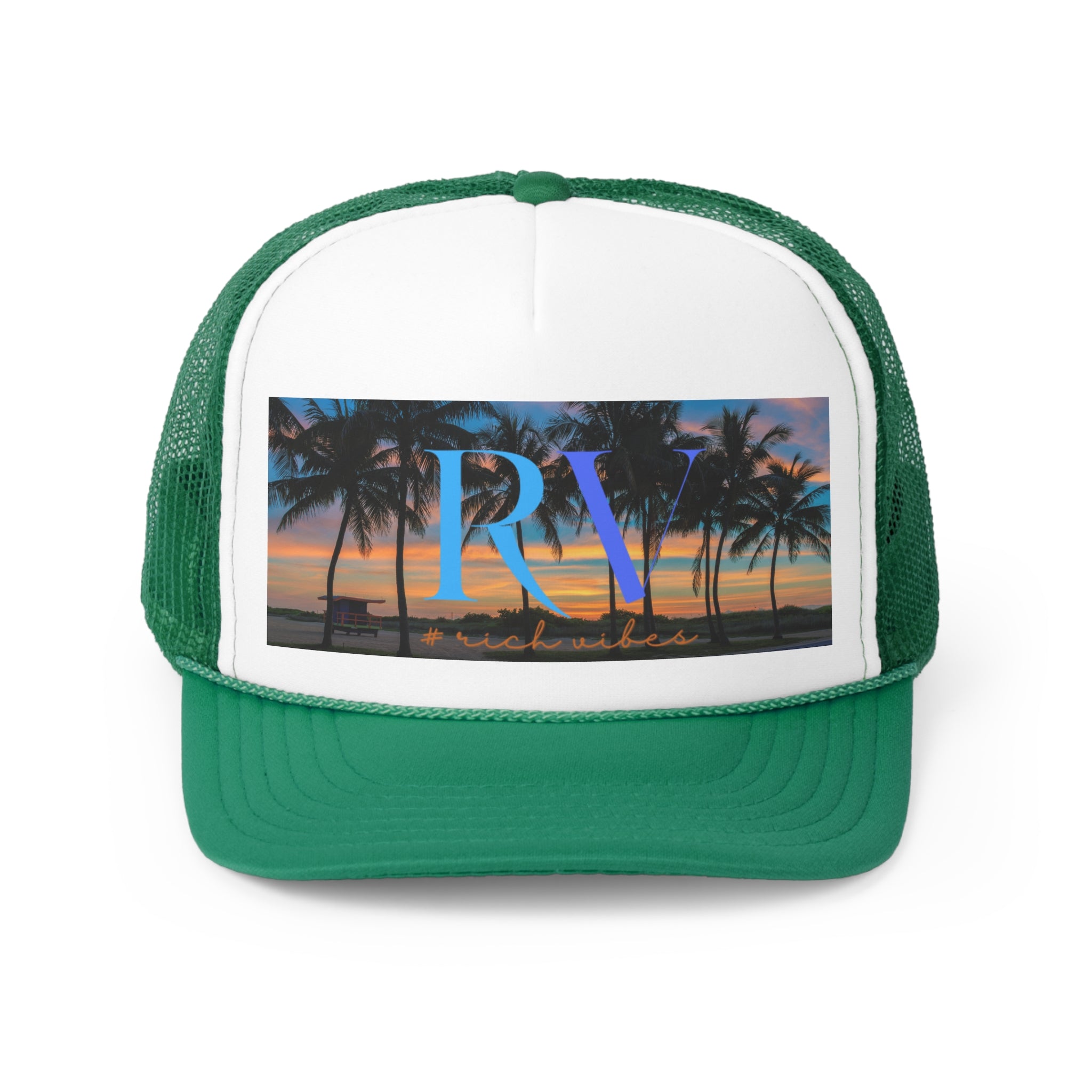 Rich Vibes South Beach Sunset Miami Beach RV Logo - Trucker Hat