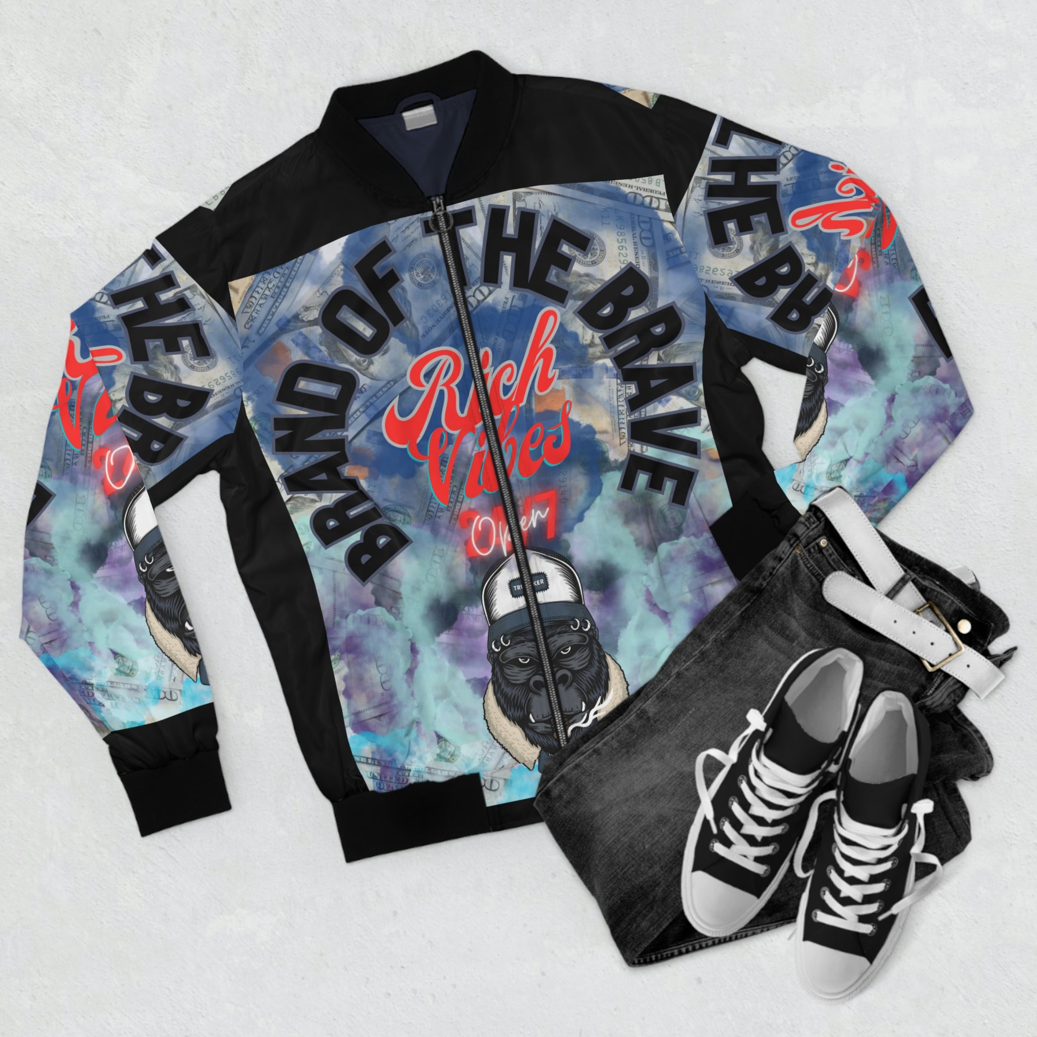 RICH VIBES BRAND OF THE BRAVE APE - Men's Black Bomber Jacket (AOP)