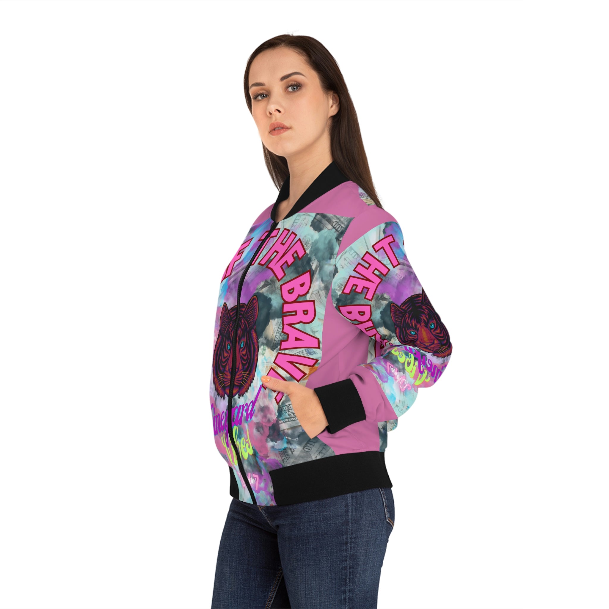 Vineyard Vibes Brand Of The Brave - Women's Light Pink Bomber Jacket (AOP)