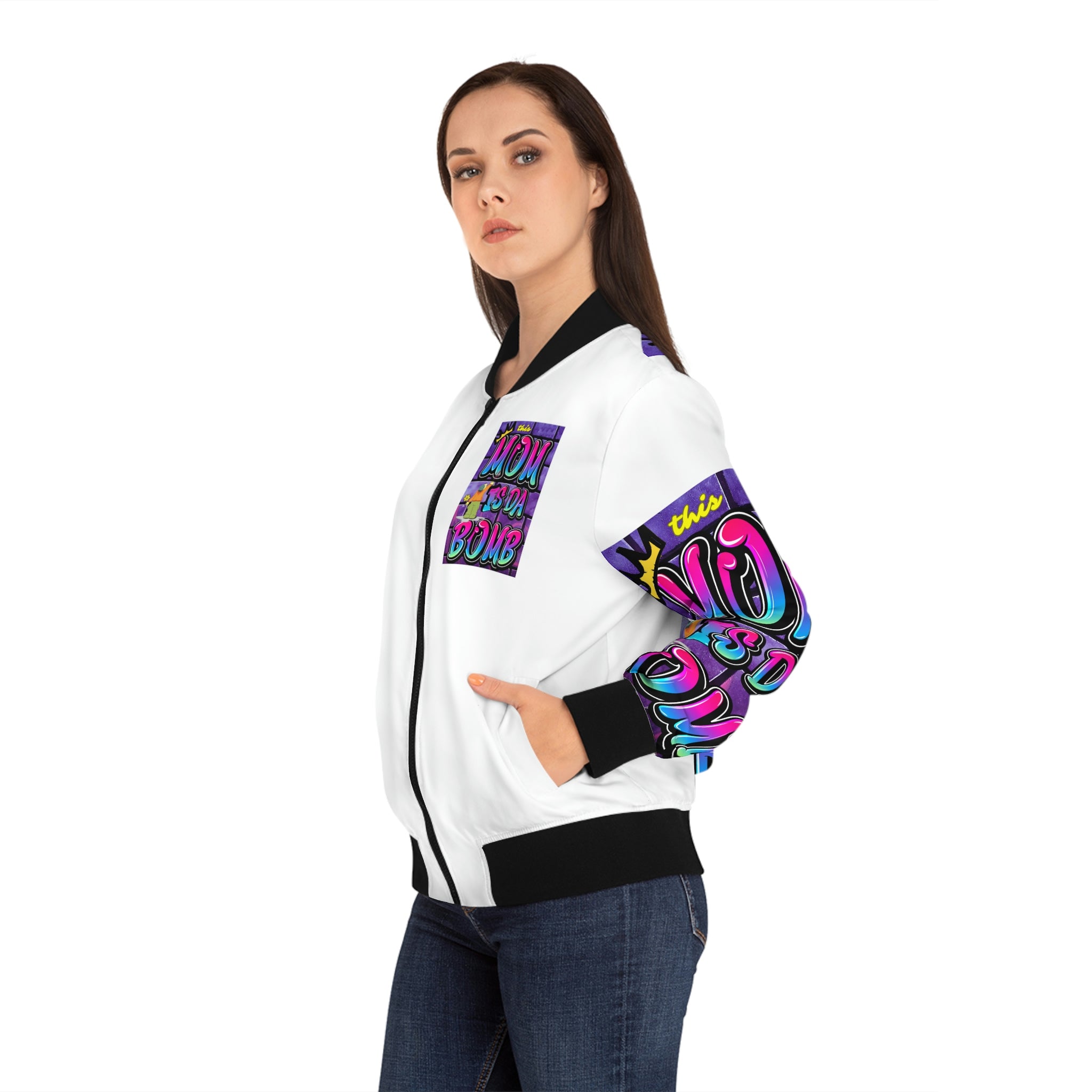 THIS MOM IS THE BOMB - 90s Retro - Women's White Bomber Jacket (AOP)