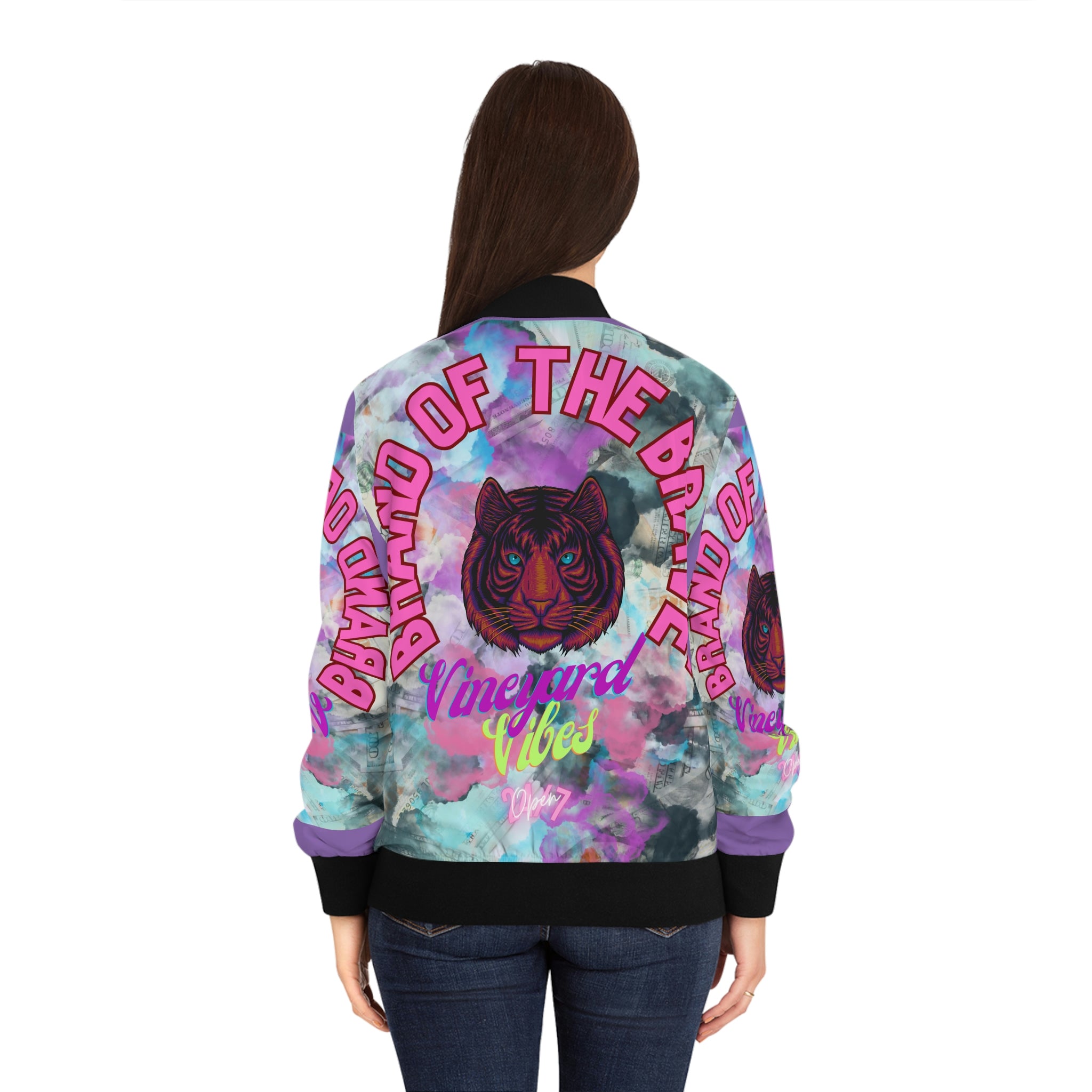 Vineyard Vibes Brand Of The Brave - Women's Light Purple Bomber Jacket (AOP)