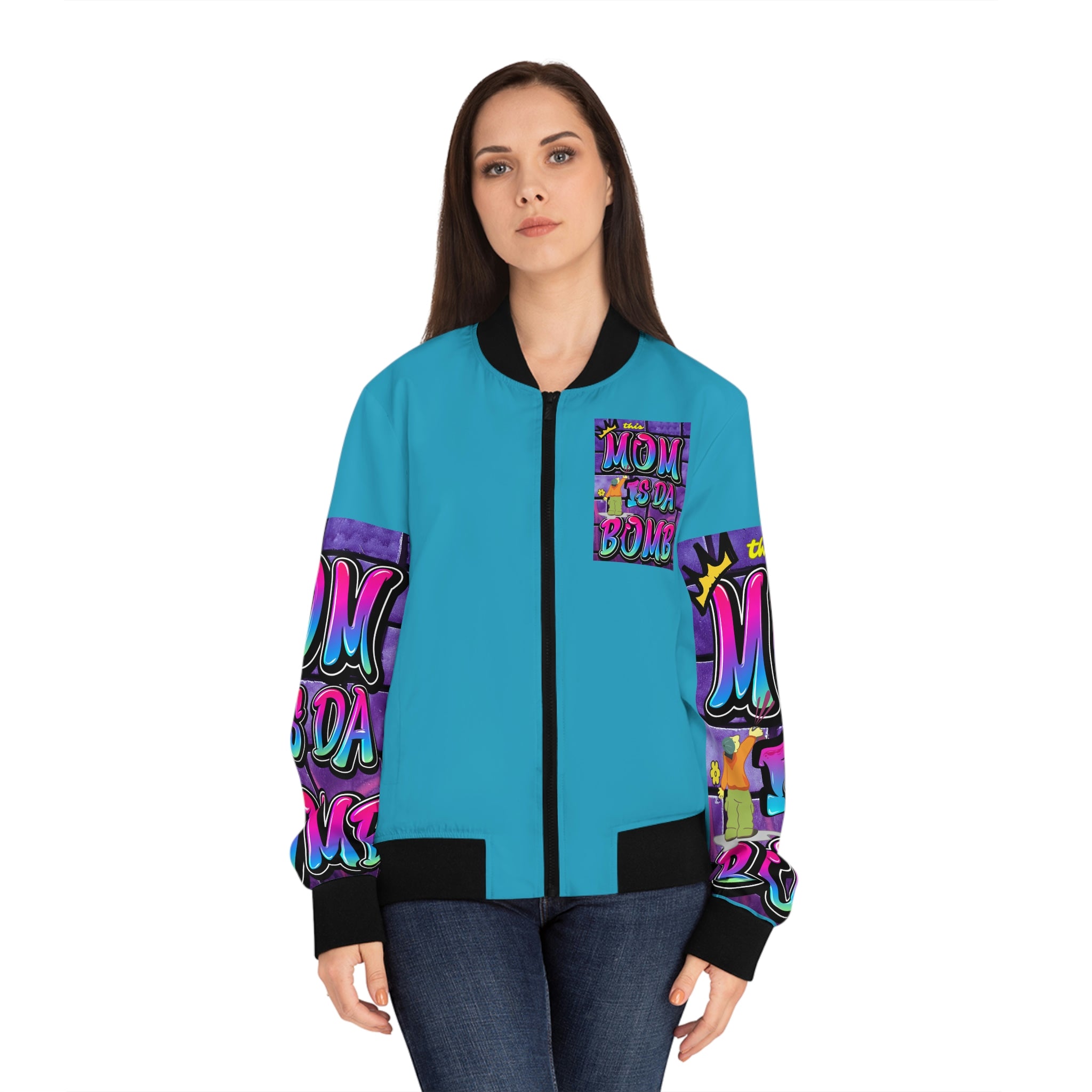THIS MOM IS THE BOMB - 90s Retro - Women's Turquoise Bomber Jacket (AOP)