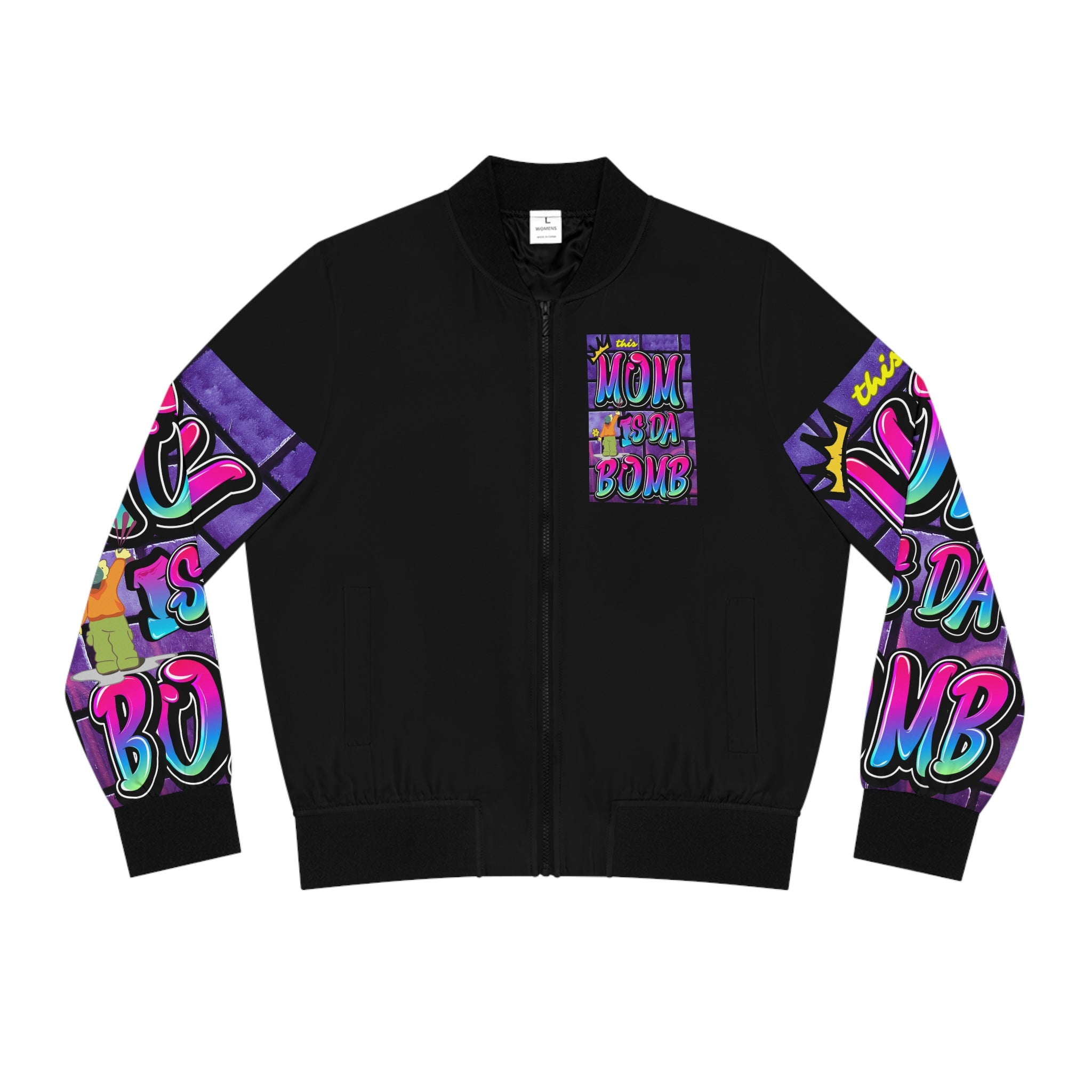 THIS MOM IS THE BOMB - 90s Retro - Women's Black Bomber Jacket (AOP)