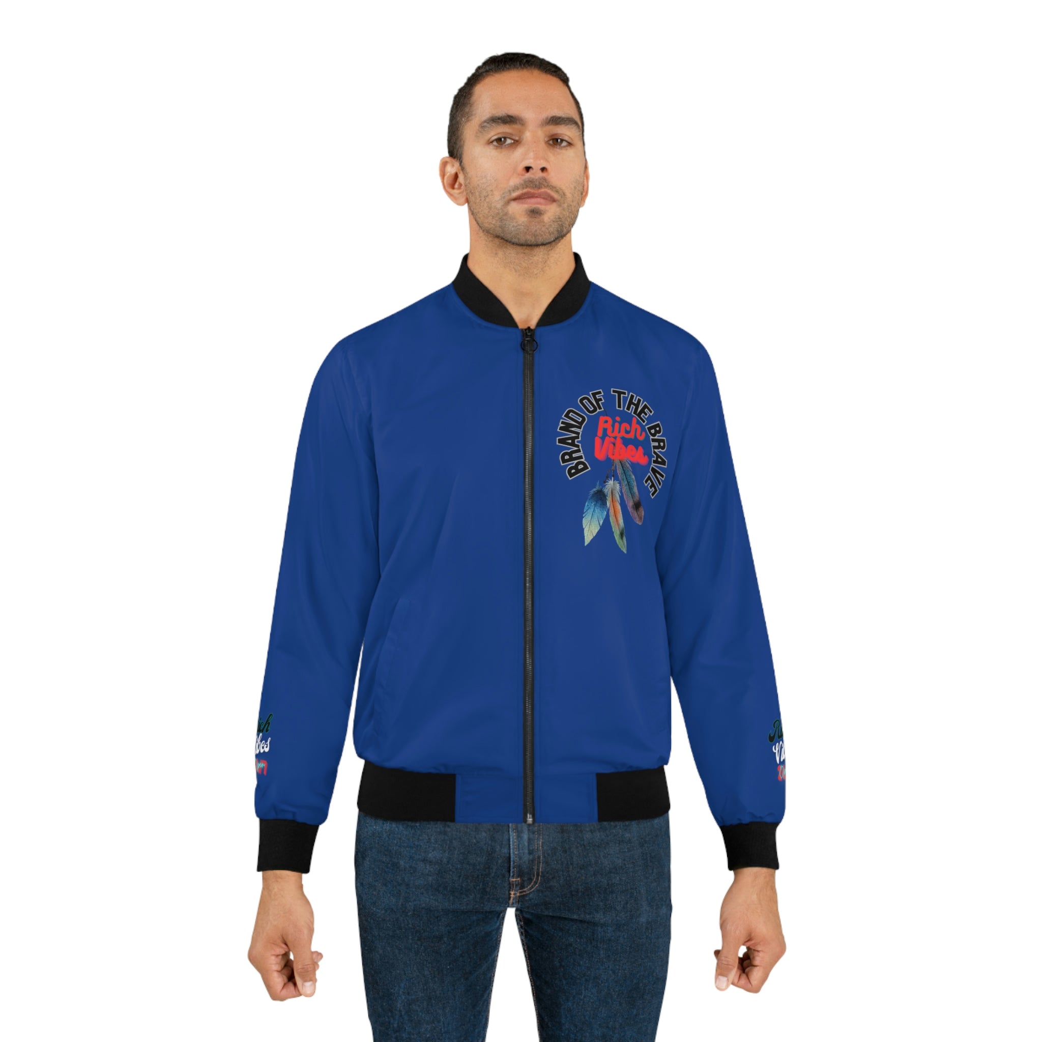 RICH VIBES BRAND OF THE BRAVE 3 Feathered Beach Life - Men's Navy Blue Bomber Jacket (AOP)