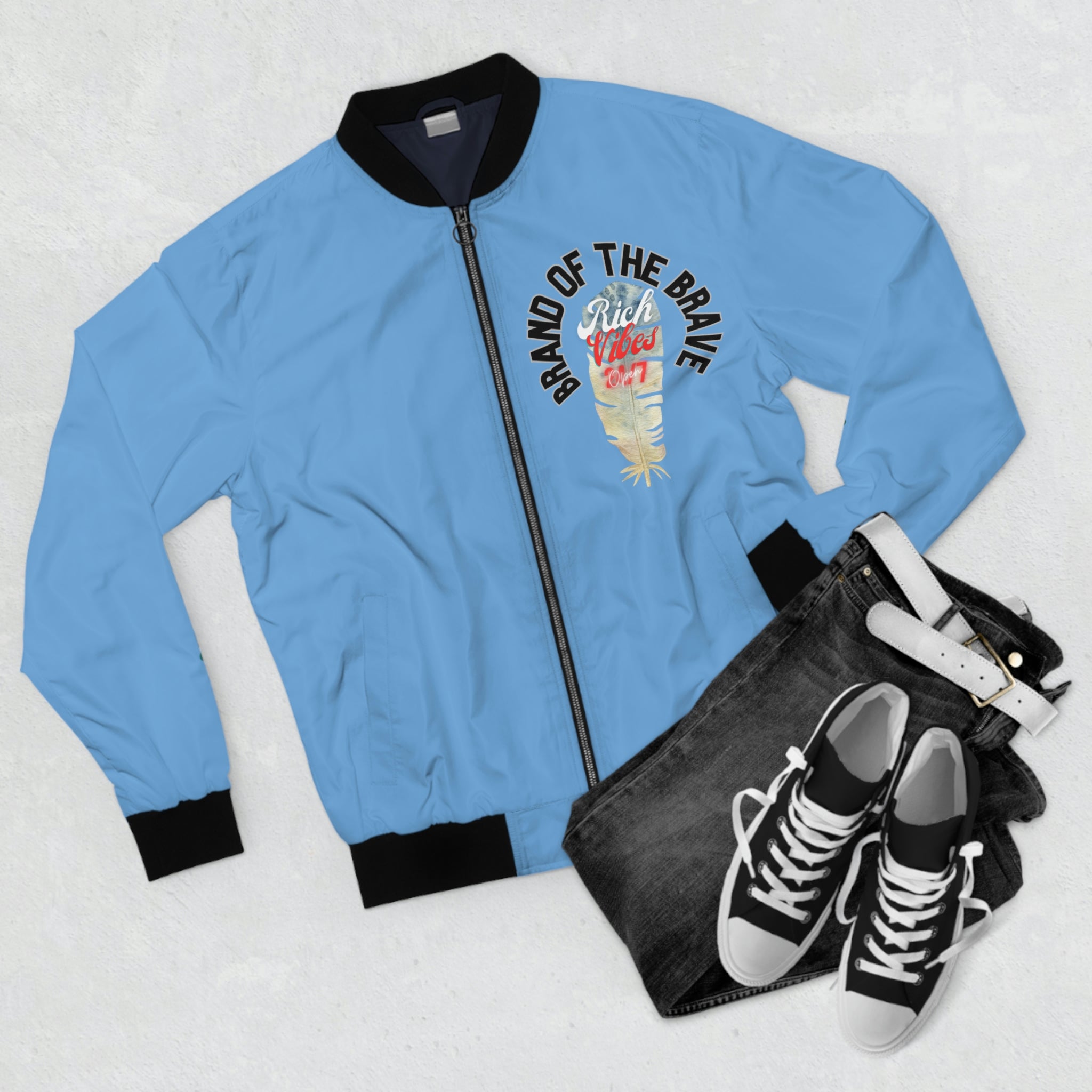 RICH VIBES BRAND OF THE BRAVE 1 Feather Beach Life - Men's Light Blue Bomber Jacket (AOP)